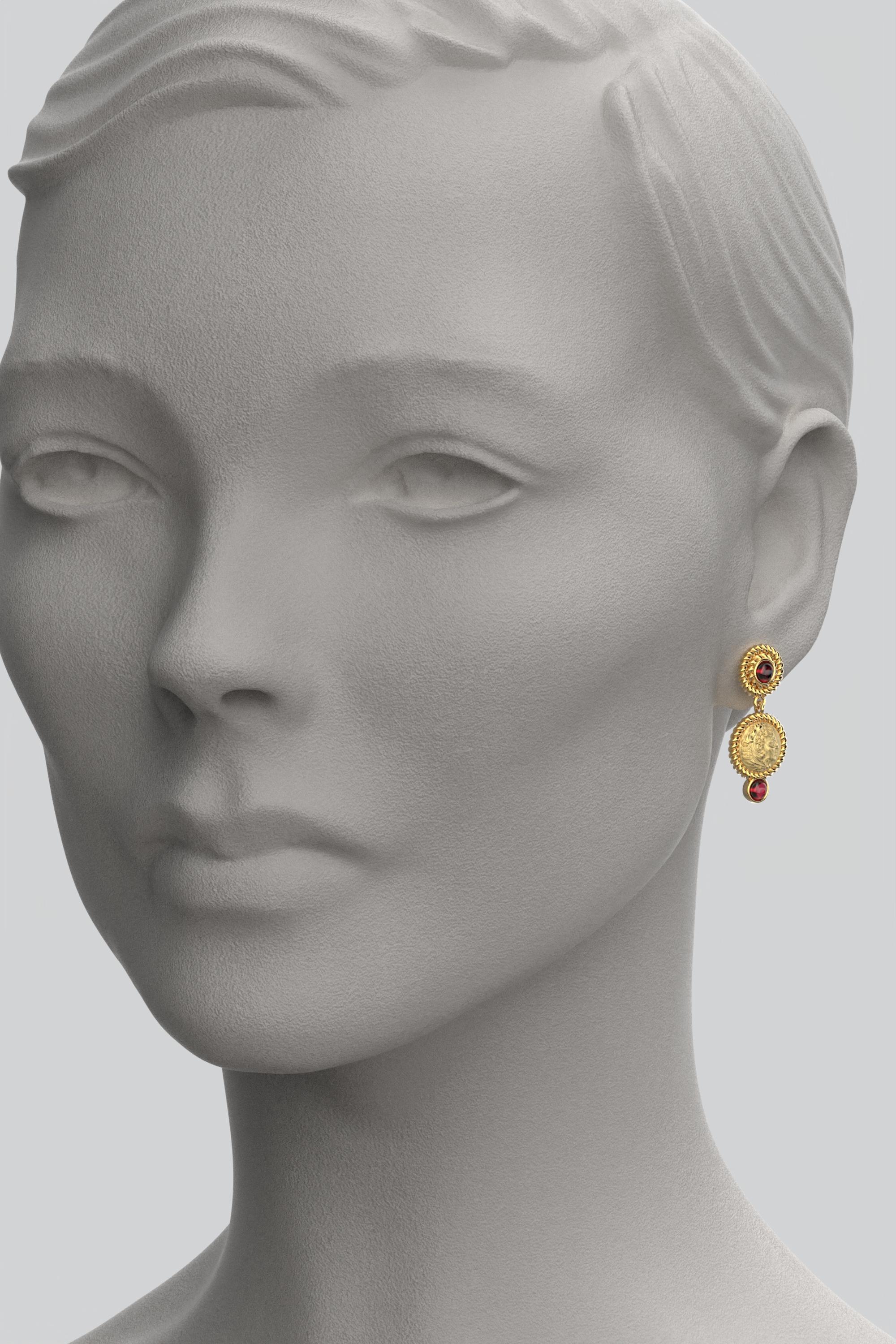 Italienischer Schmuck  14k Gold Ohrringe mit Granaten  Antiker griechischer Stil (Cabochon) im Angebot