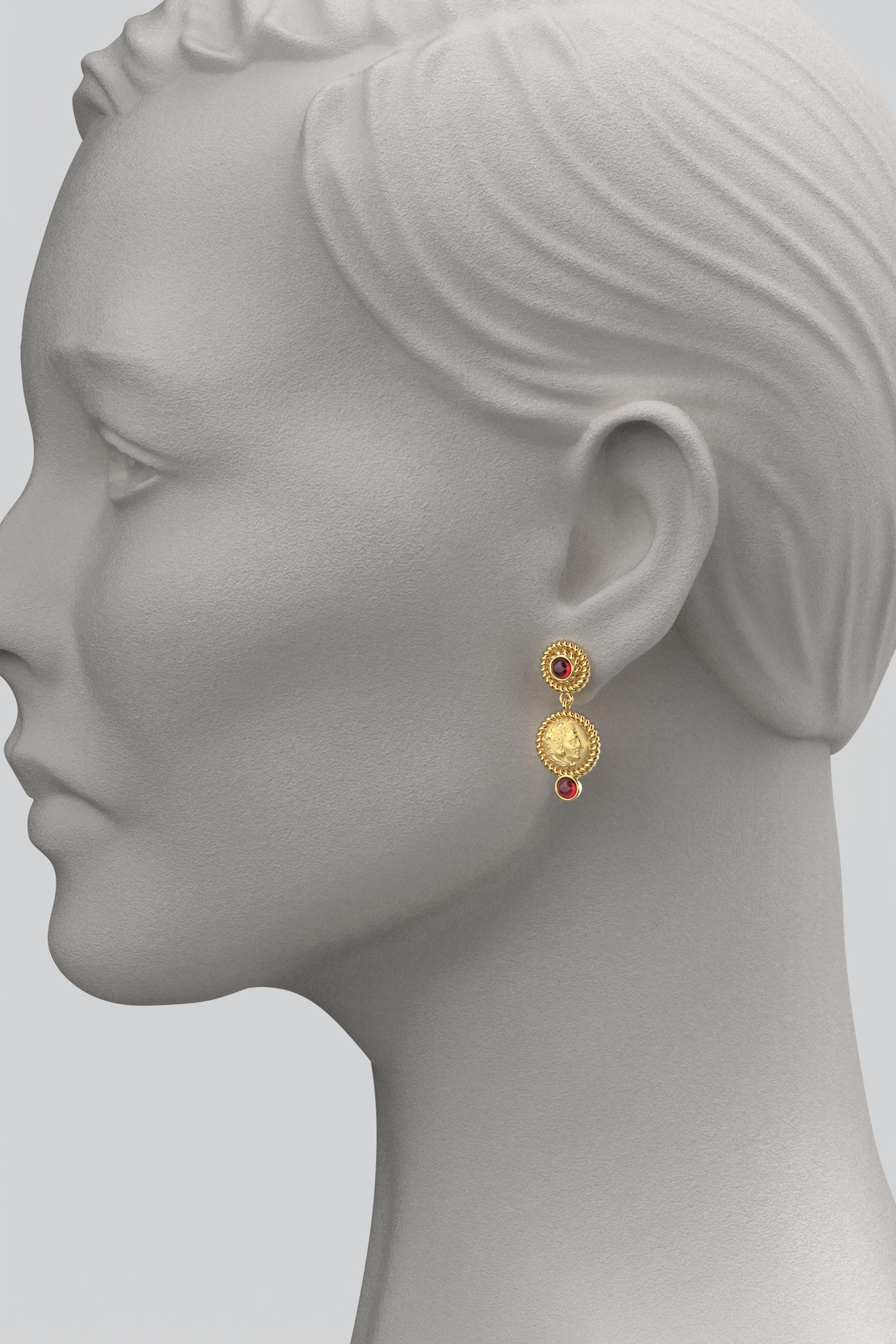 Greek Revival Italian Jewelry  14k Gold Dangle Earrings With Garnets  Ancient Greek Style For Sale