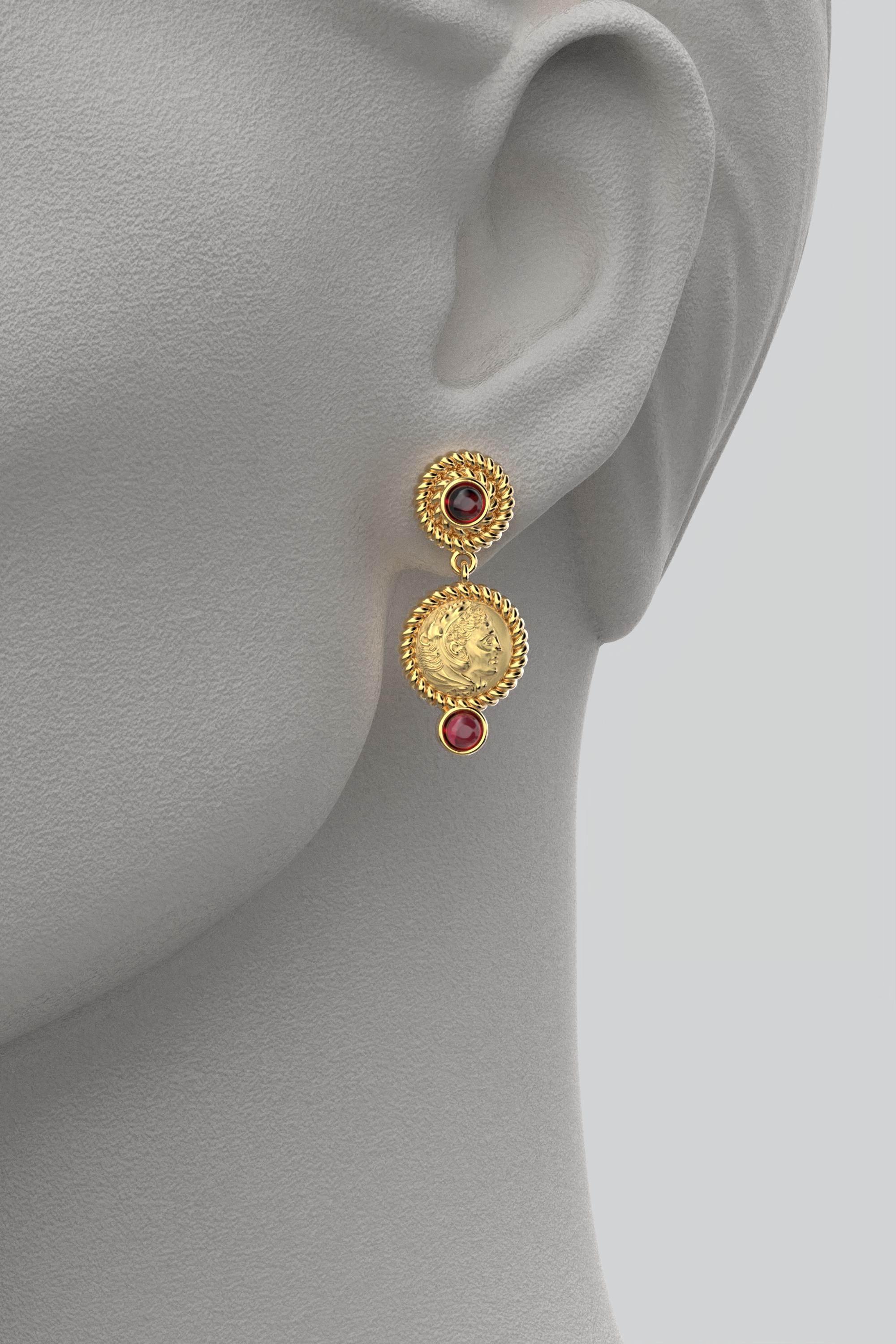 Cabochon Italian Jewelry  14k Gold Dangle Earrings With Garnets  Ancient Greek Style For Sale