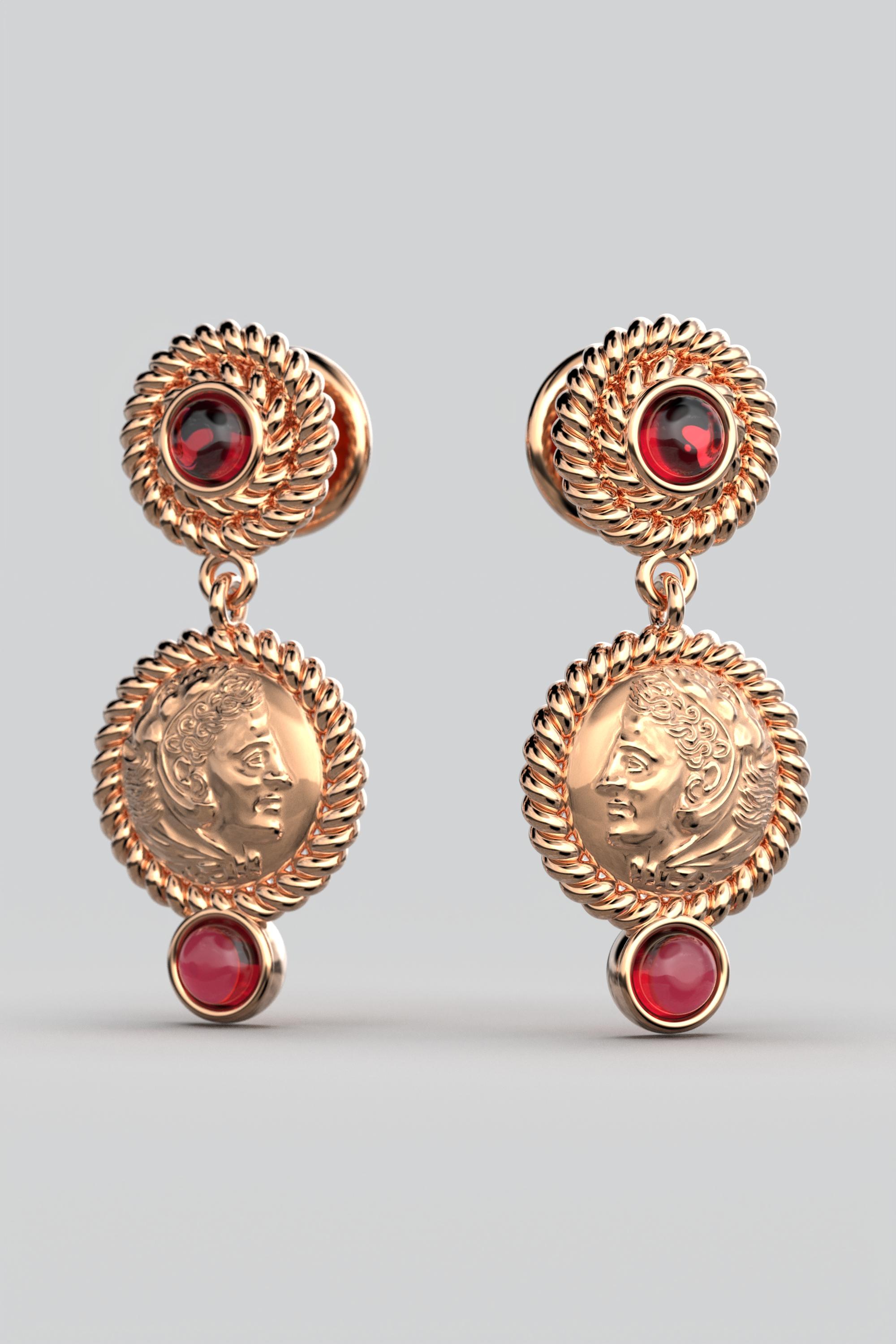 Women's Italian Jewelry  14k Gold Dangle Earrings With Garnets  Ancient Greek Style For Sale