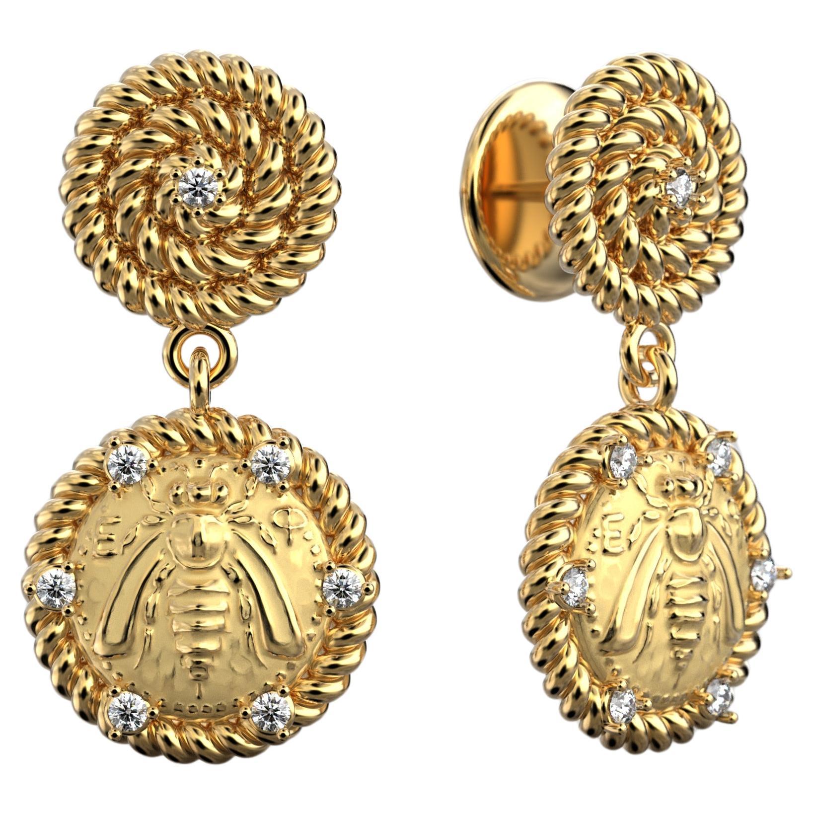 Italian Jewelry | 18k Gold Dangle Earrings With Diamonds | Bee Earrings  For Sale