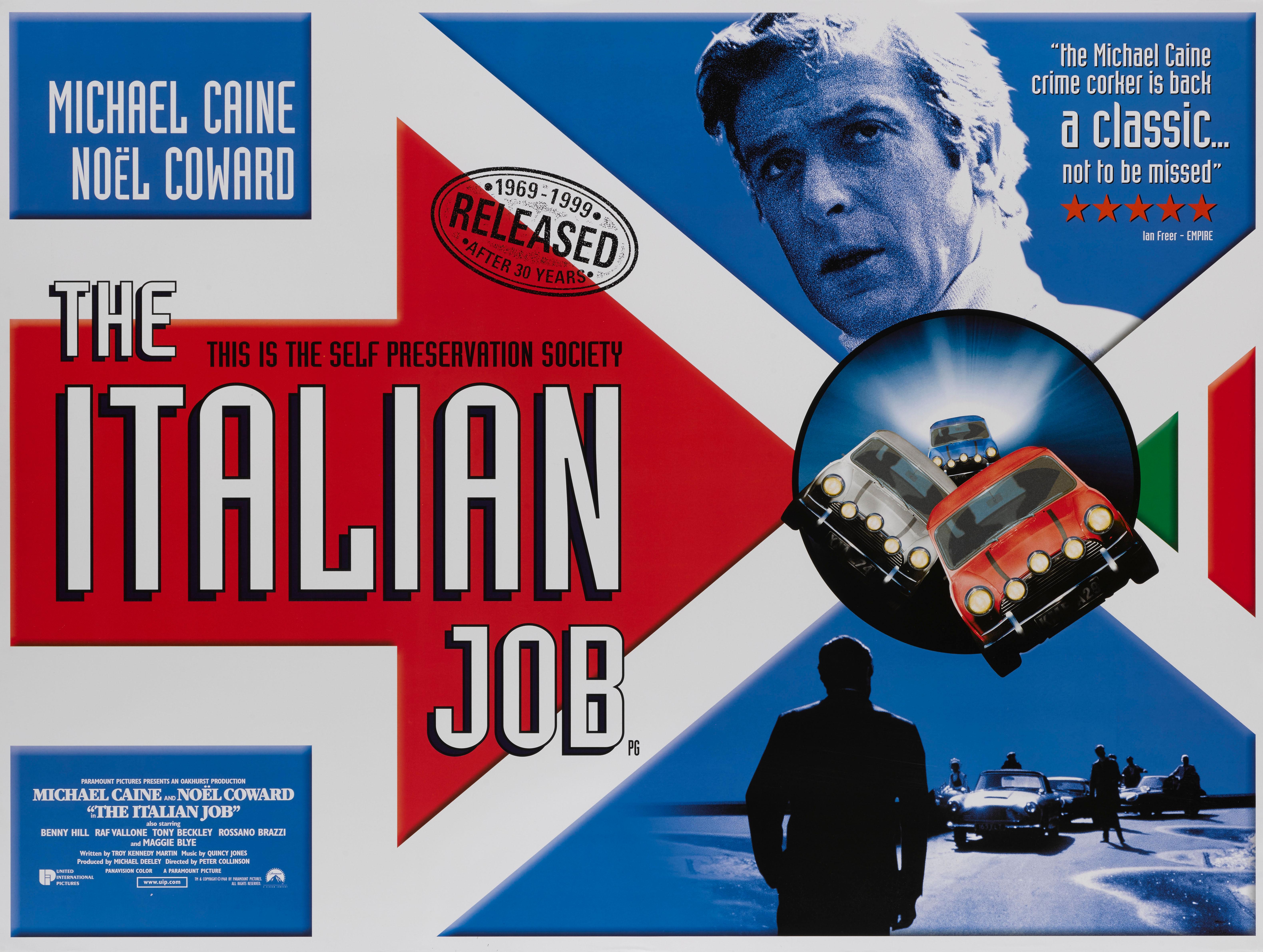 Original British movie poster for Michael Caine and Noel Coward's 1969 Comic Crime caper about a plan to steal a gold shipment.
This poster is from the Re-release (1999) 30th anniversary.
