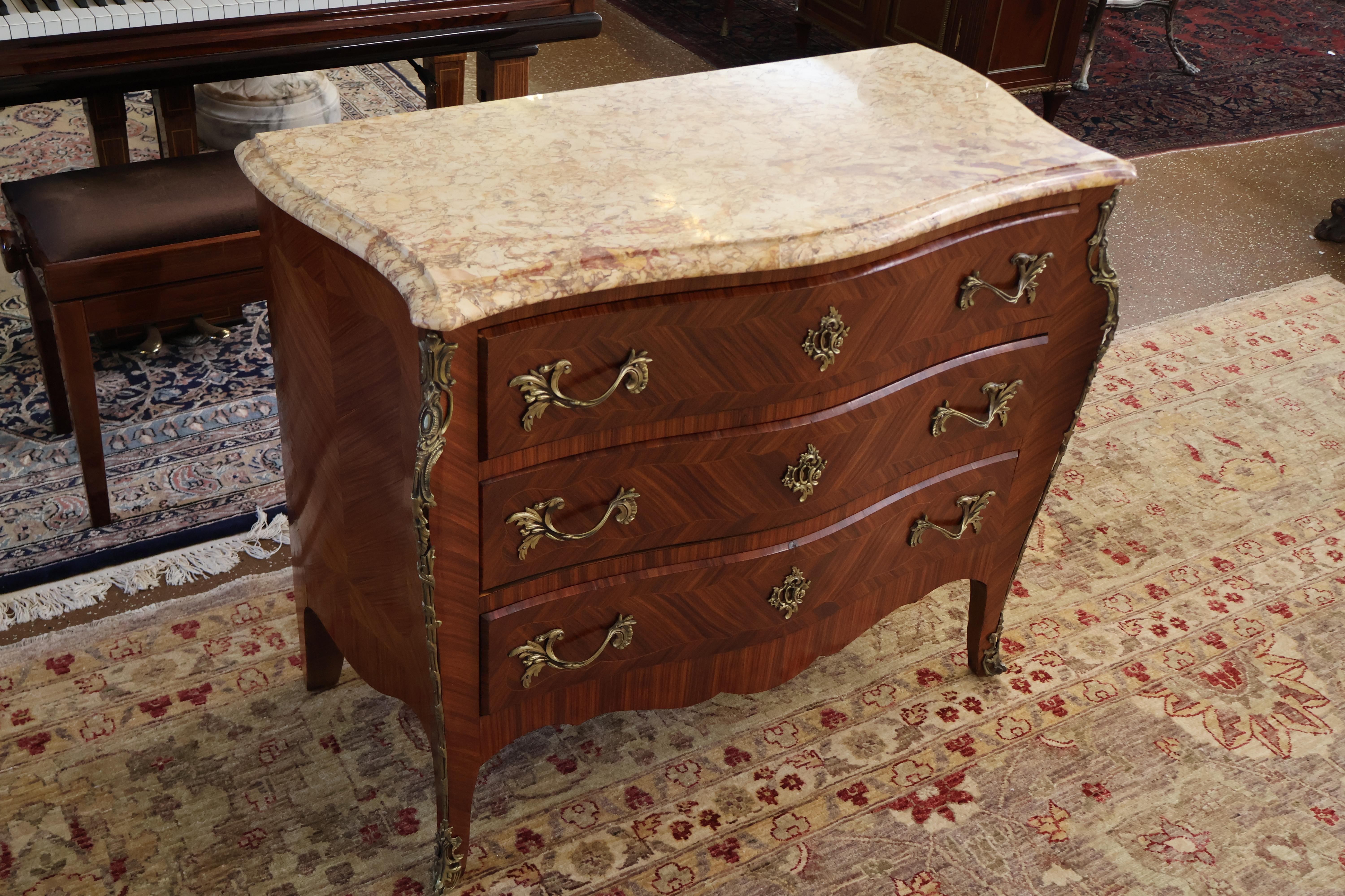 Mid-20th Century Italian Kingwood Marble Top Bronze Mounted Dresser Commode Chest of Drawers For Sale