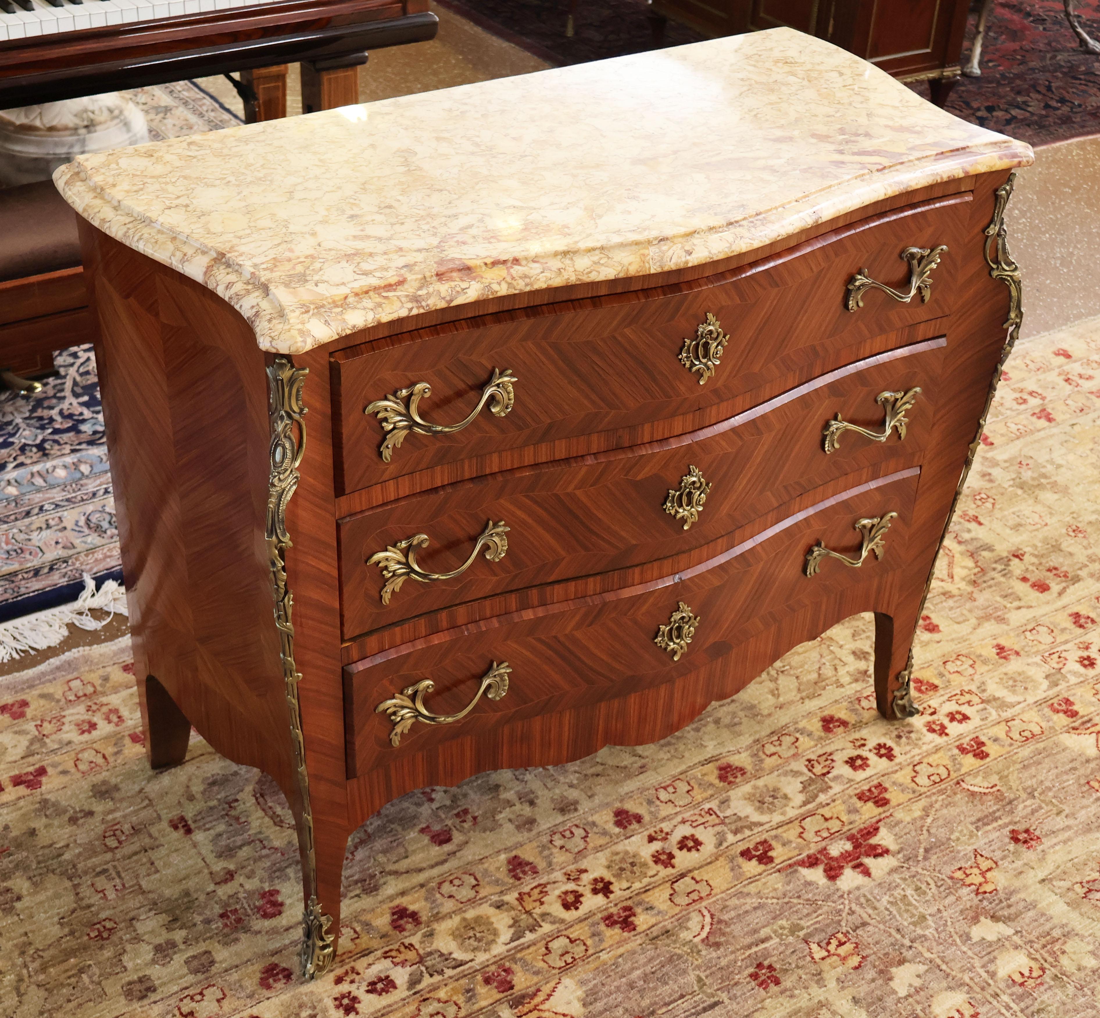 Italian Kingwood Marble Top Bronze Mounted Dresser Commode Chest of Drawers For Sale 1