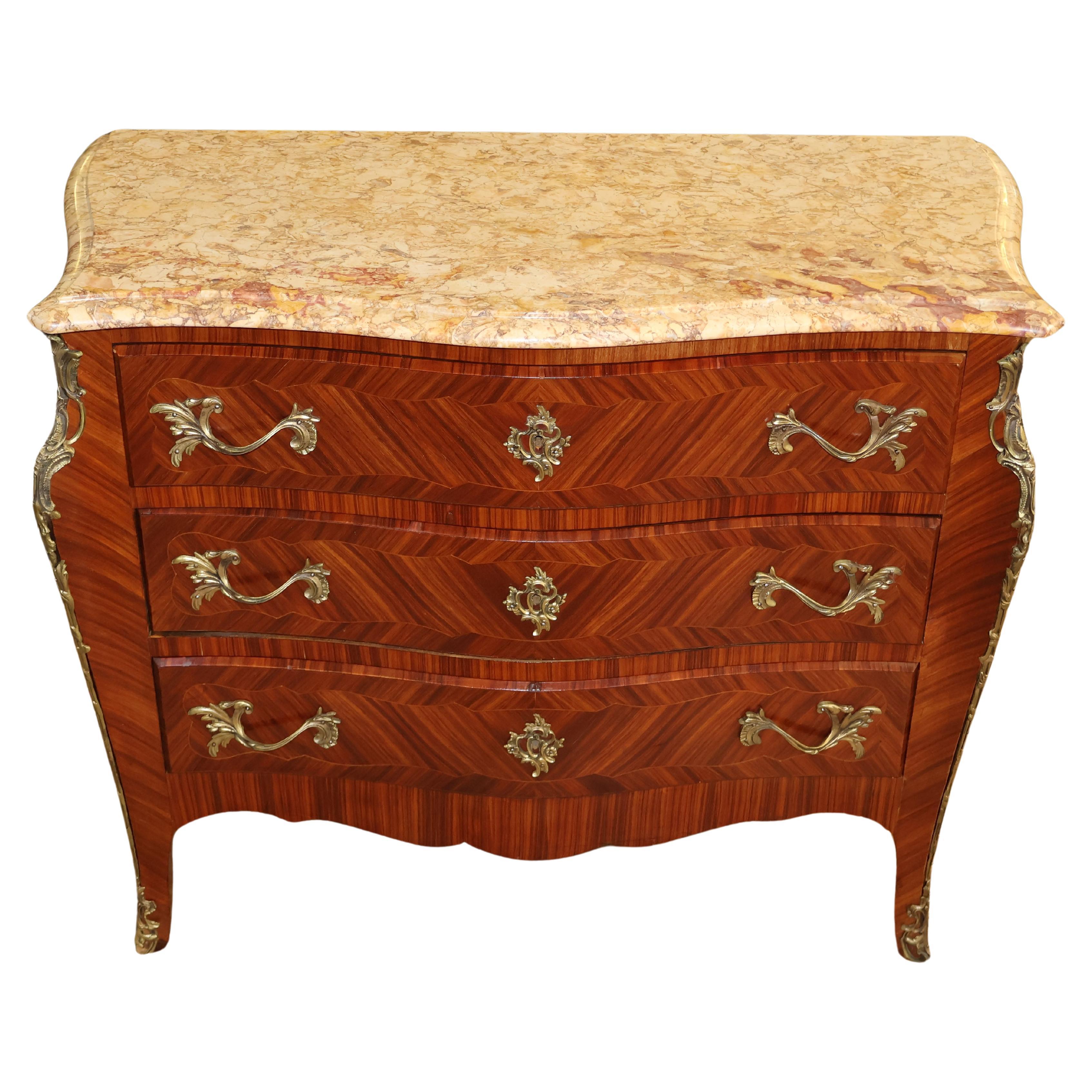 Italian Kingwood Marble Top Bronze Mounted Dresser Commode Chest of Drawers For Sale