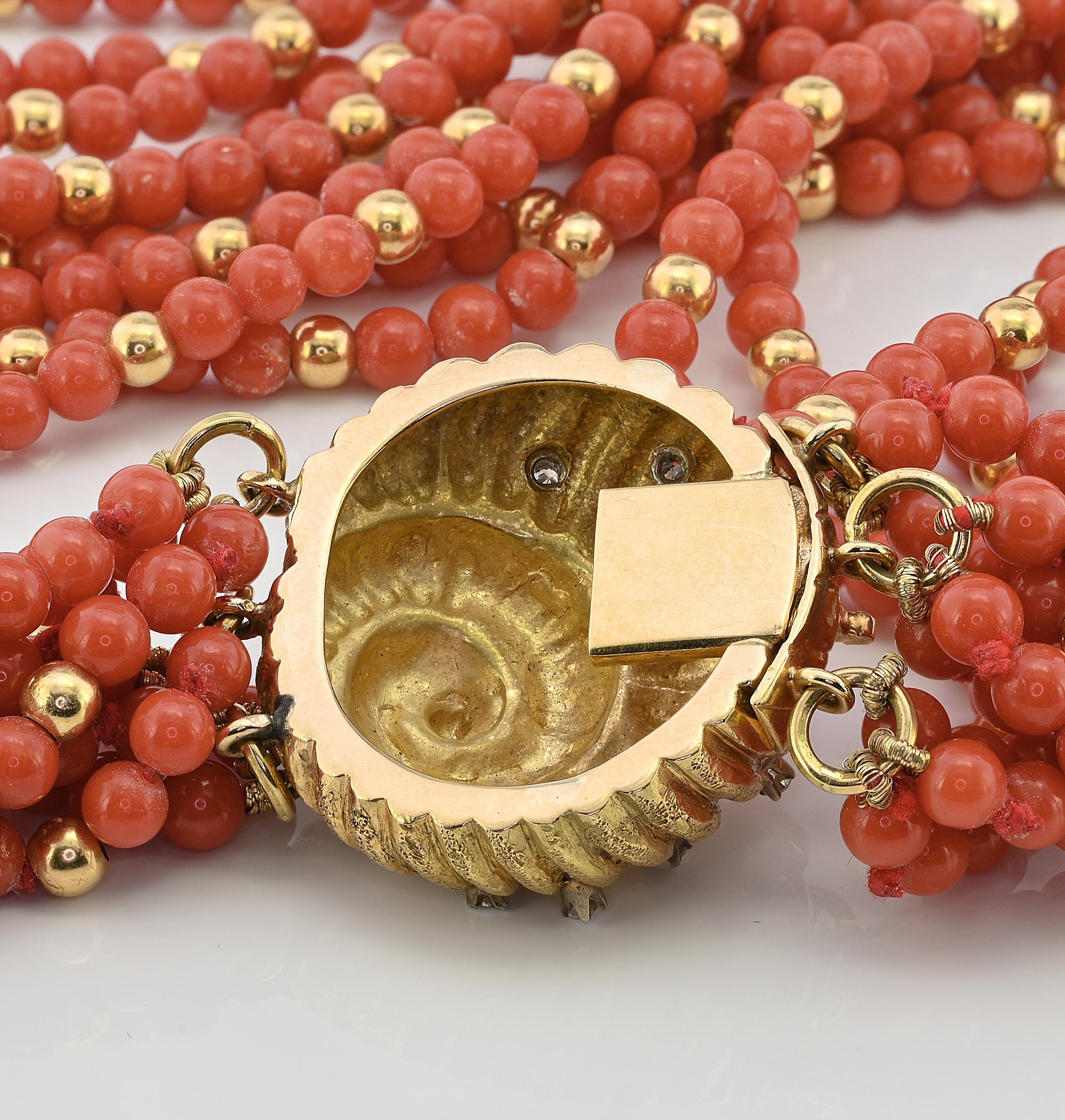 Italian La Dolce Vita 9 Strand Natural Red Coral Diamond 18 KT Necklace For Sale 4