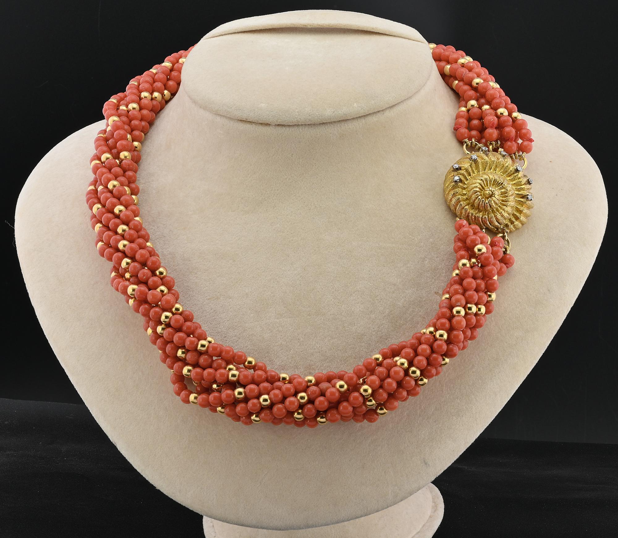 This outstanding mid century Italian coral necklace evokes La Bella Vita of the 60’s- beautiful natural Coral beads alternated by gold beads adding special allure to this very special necklace – substantial in weight of 18 Kt gold clasp hand carved