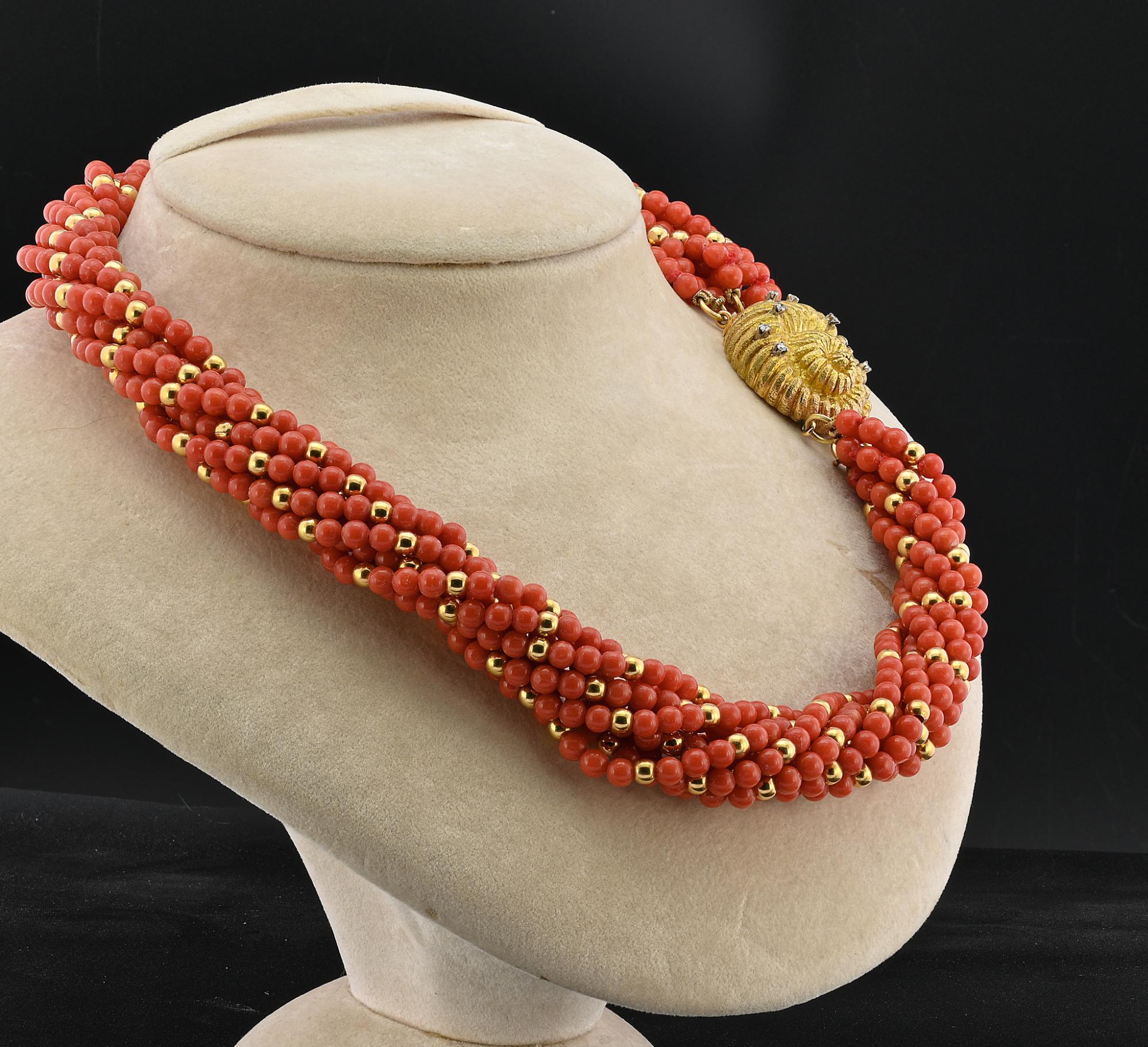 Contemporary Italian La Dolce Vita 9 Strand Natural Red Coral Diamond 18 KT Necklace For Sale