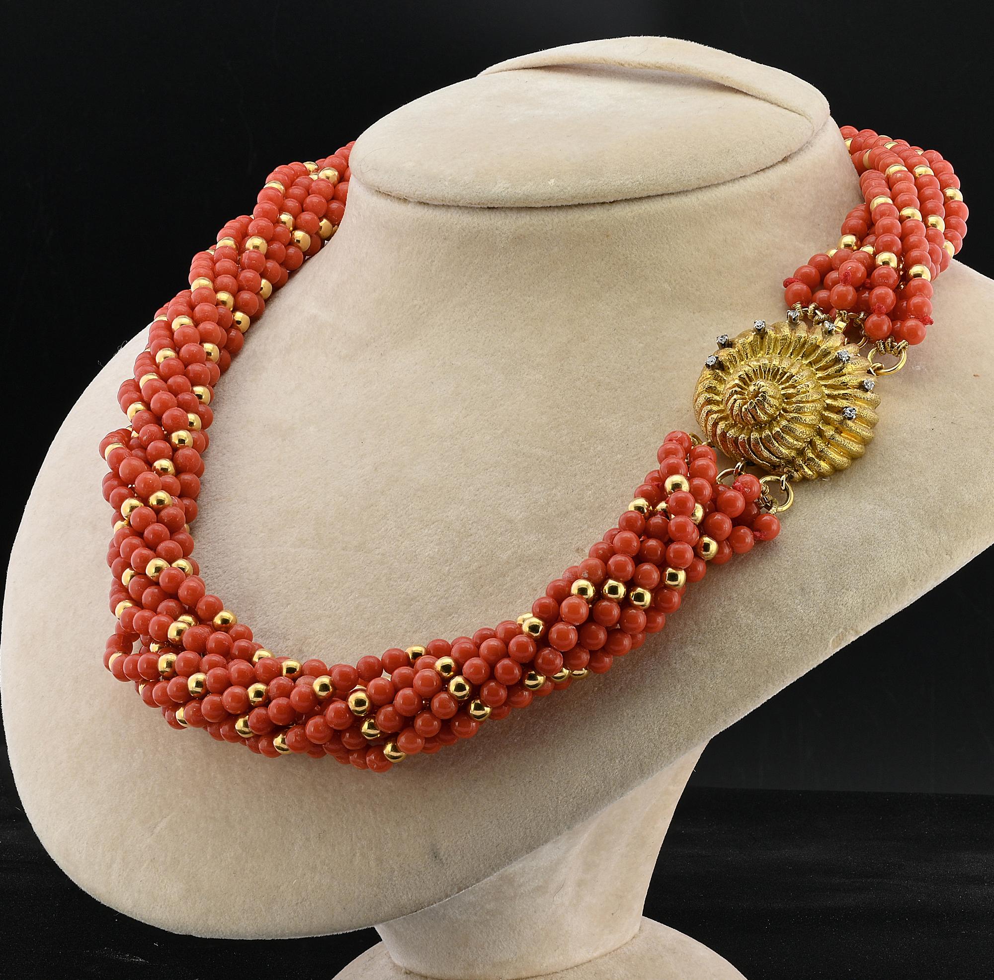 Bead Italian La Dolce Vita 9 Strand Natural Red Coral Diamond 18 KT Necklace For Sale