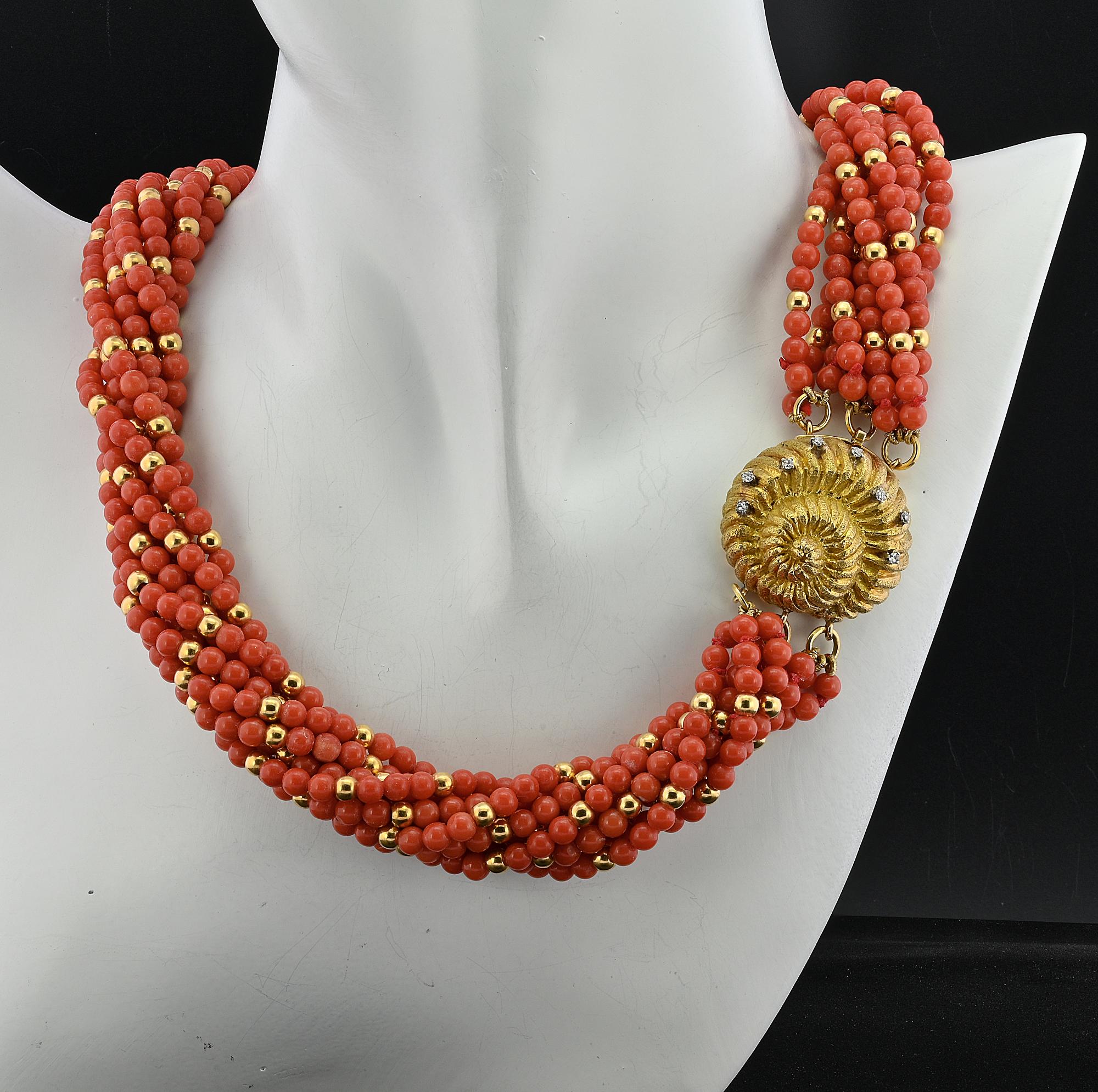 Women's or Men's Italian La Dolce Vita 9 Strand Natural Red Coral Diamond 18 KT Necklace For Sale