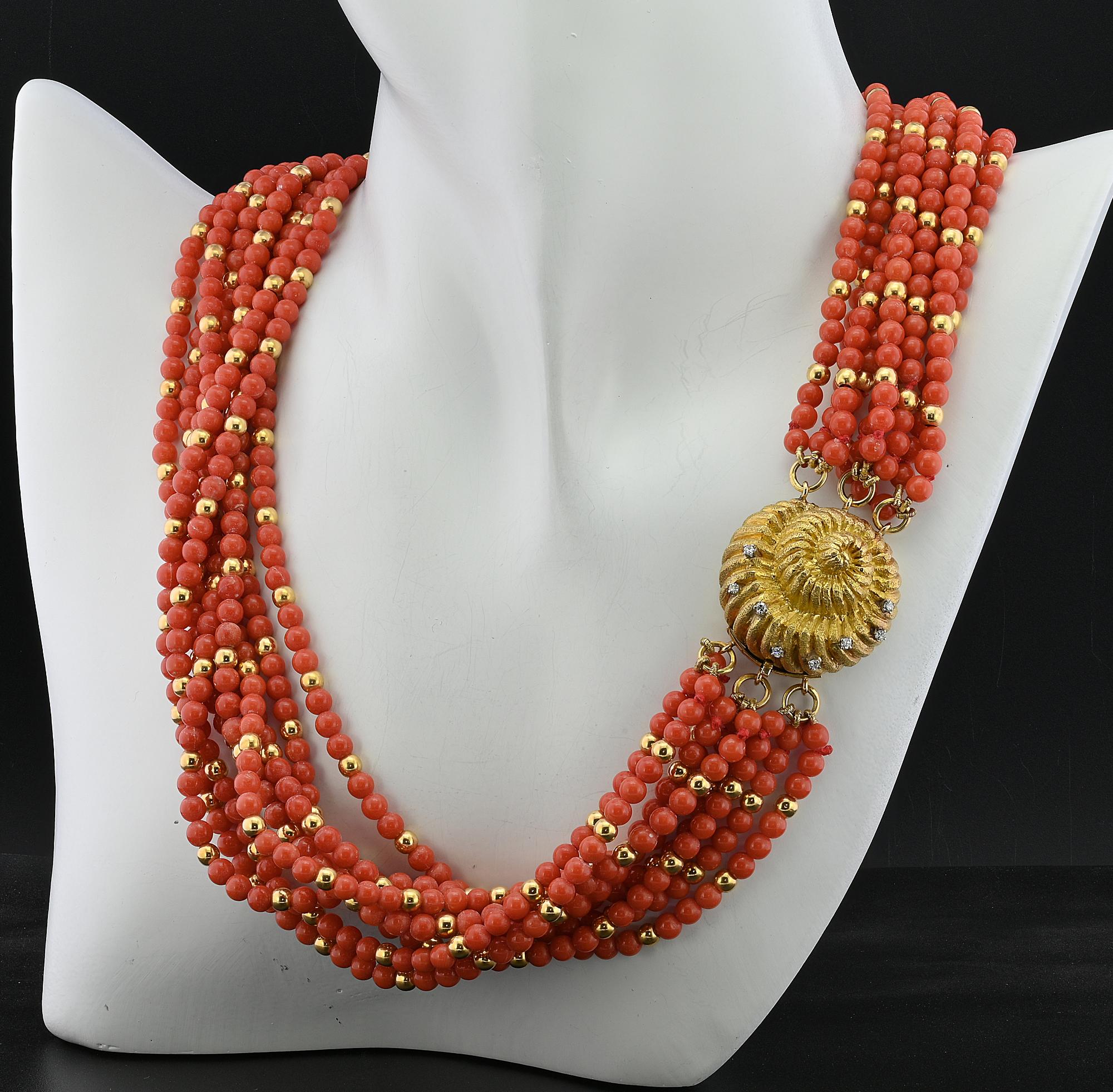 Italian La Dolce Vita 9 Strand Natural Red Coral Diamond 18 KT Necklace For Sale 1