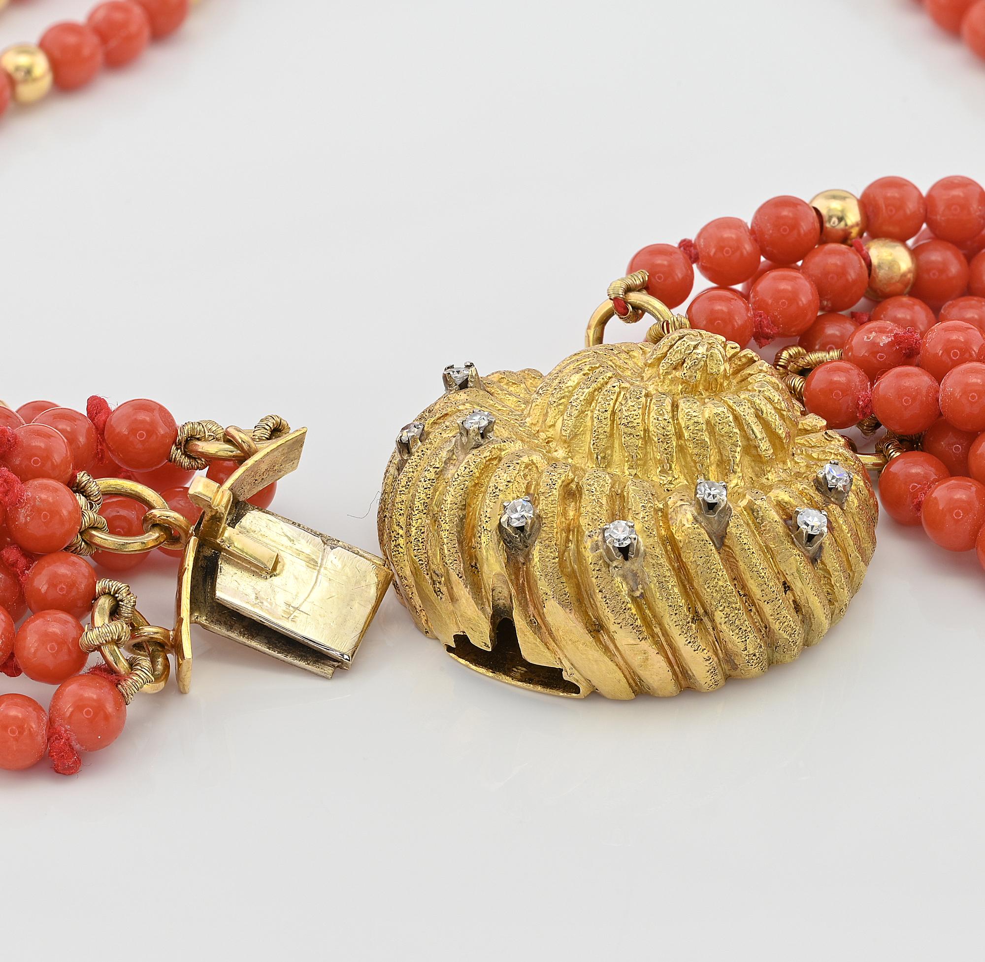Italian La Dolce Vita 9 Strand Natural Red Coral Diamond 18 KT Necklace For Sale 3