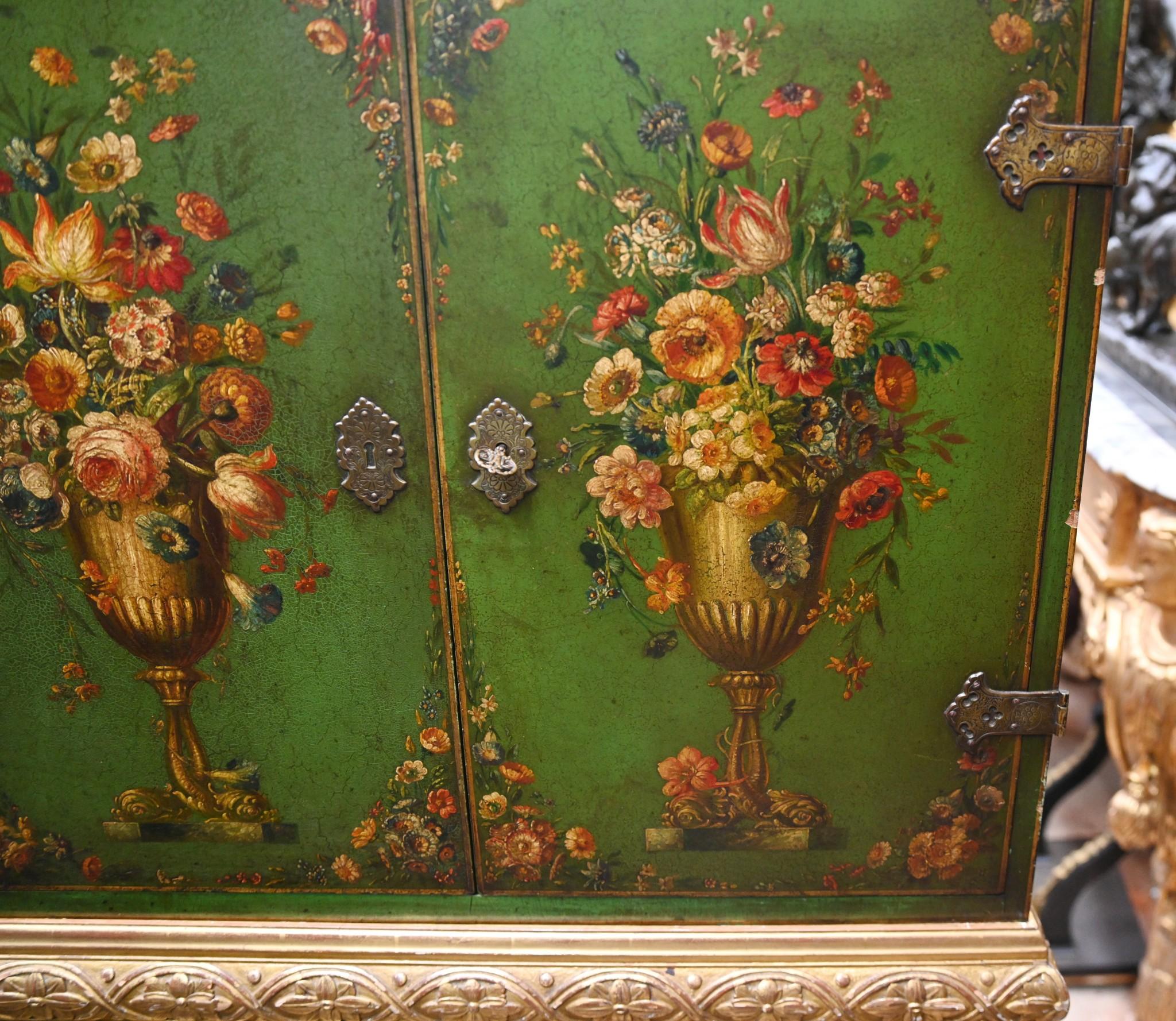 Italian Lacquered Cabinet on Stand Painted Floral Gilt Base For Sale 9