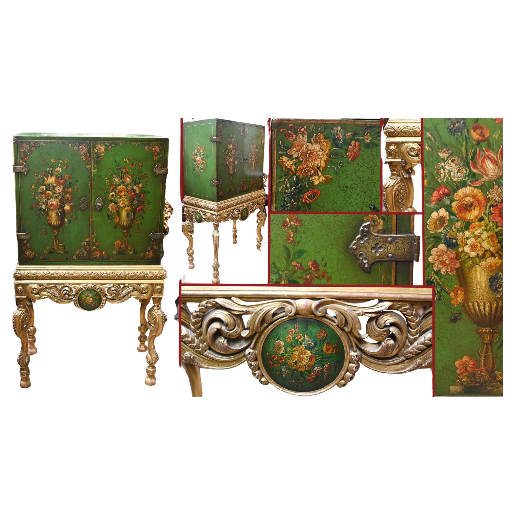 Italian Lacquered Cabinet on Stand Painted Floral Gilt Base