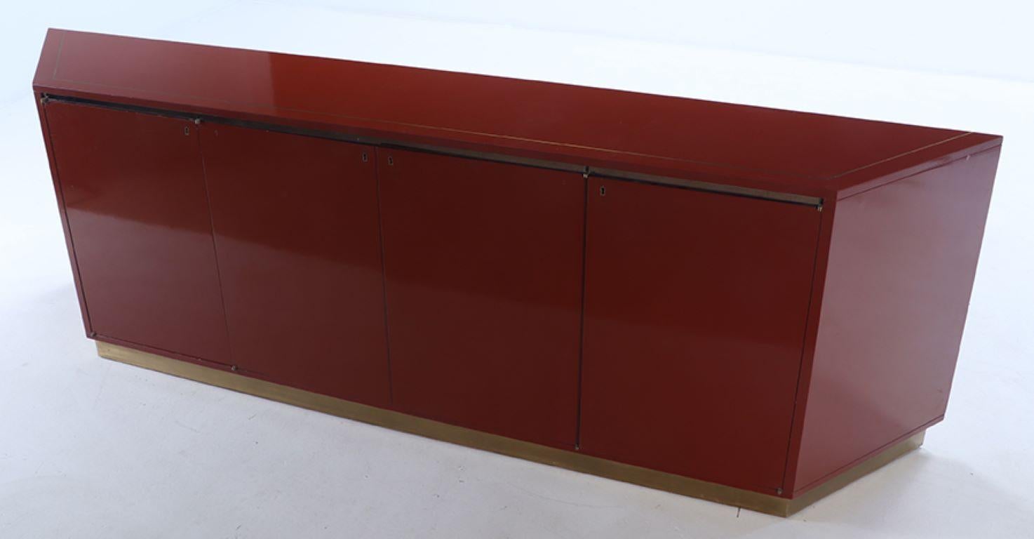 Mid-Century Modern Italian lacquered, four door sideboard with brass trim attributed to Willy Rizzo For Sale
