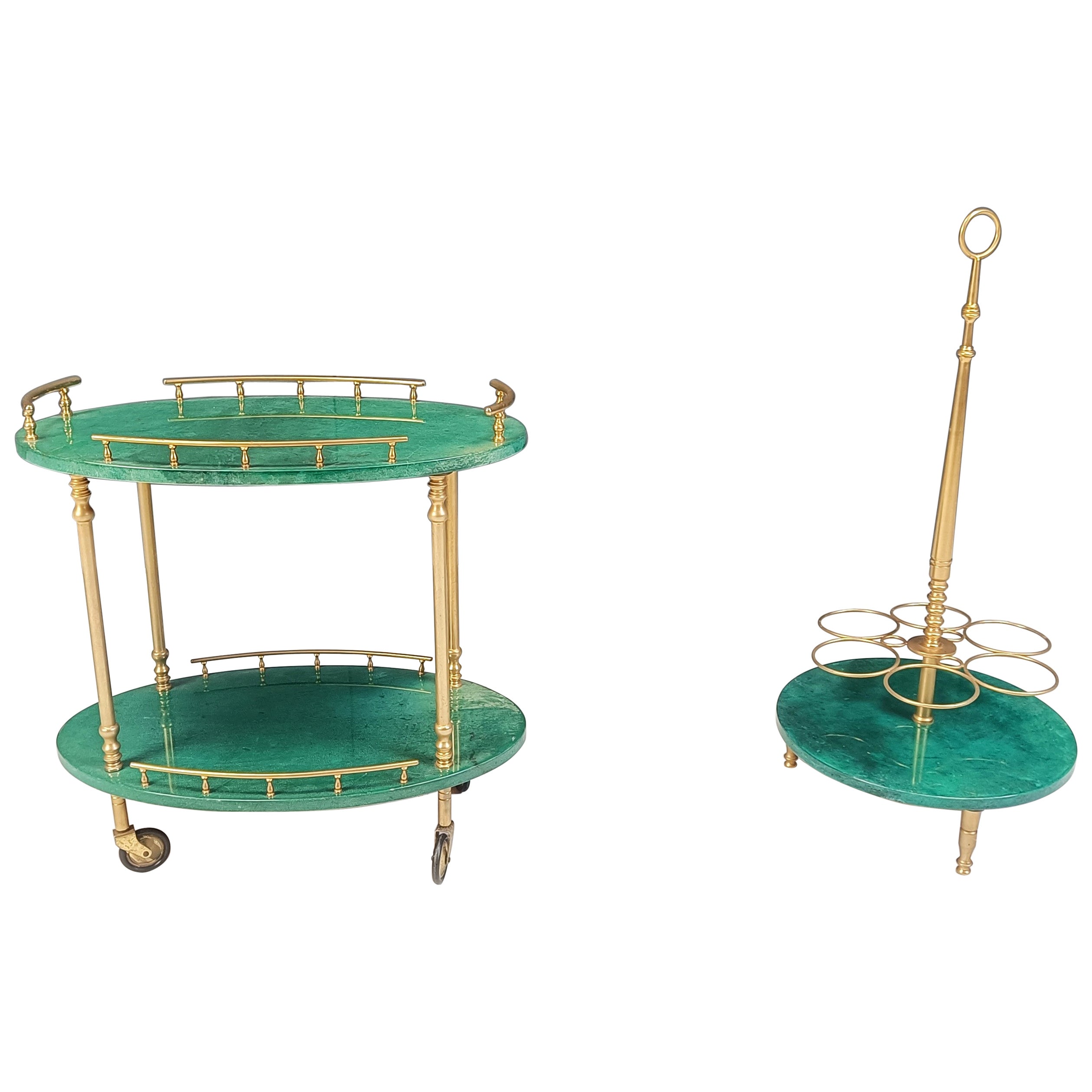 Italian Lacquered Goatskin  Bar Cart and wine bottle stand by Aldo Tura