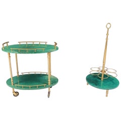 Italian Lacquered Goatskin  Bar Cart and wine bottle stand by Aldo Tura