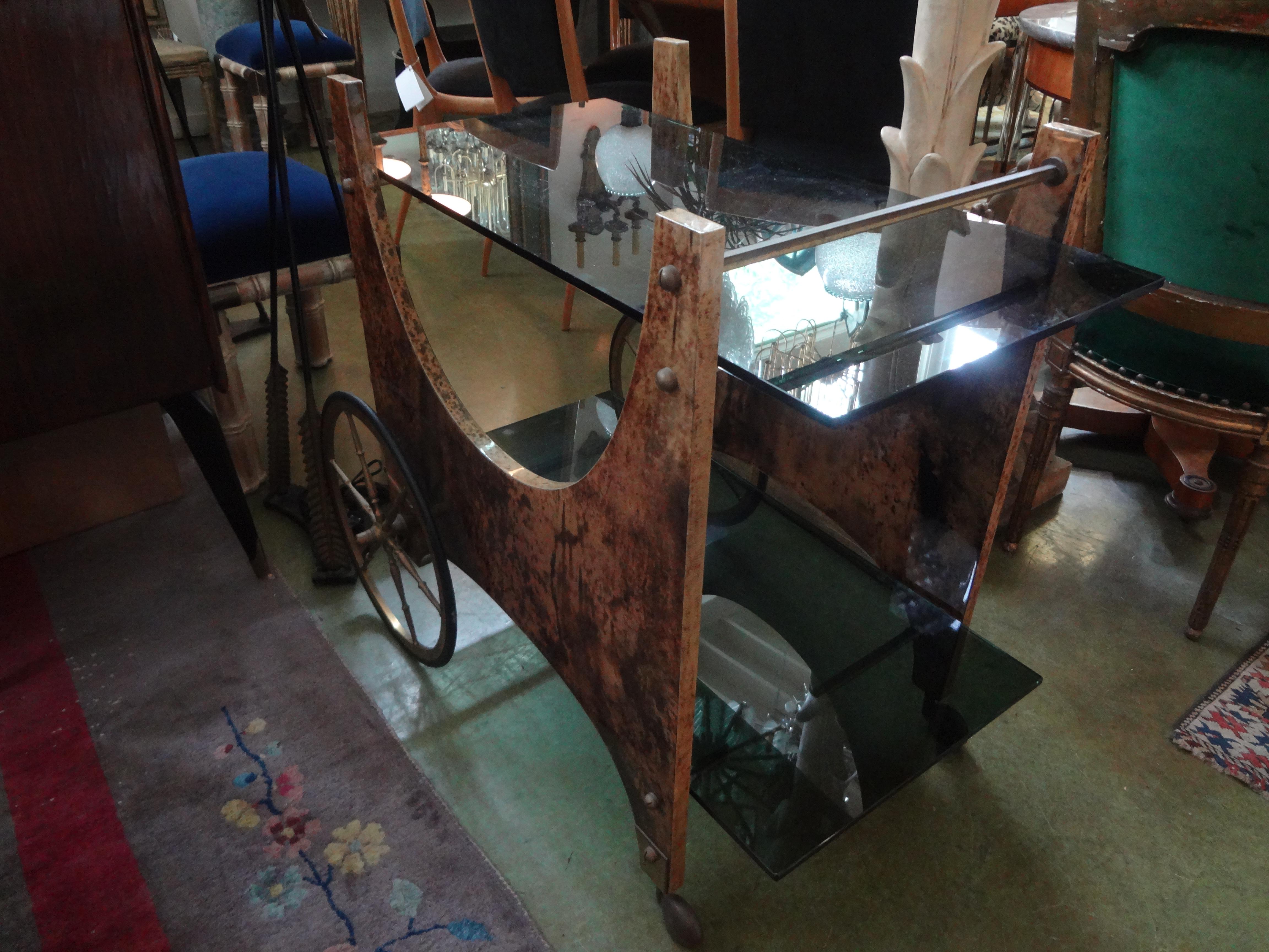 Brass Italian Lacquered Goatskin Bar Cart or Serving Cart by Aldo Tura For Sale