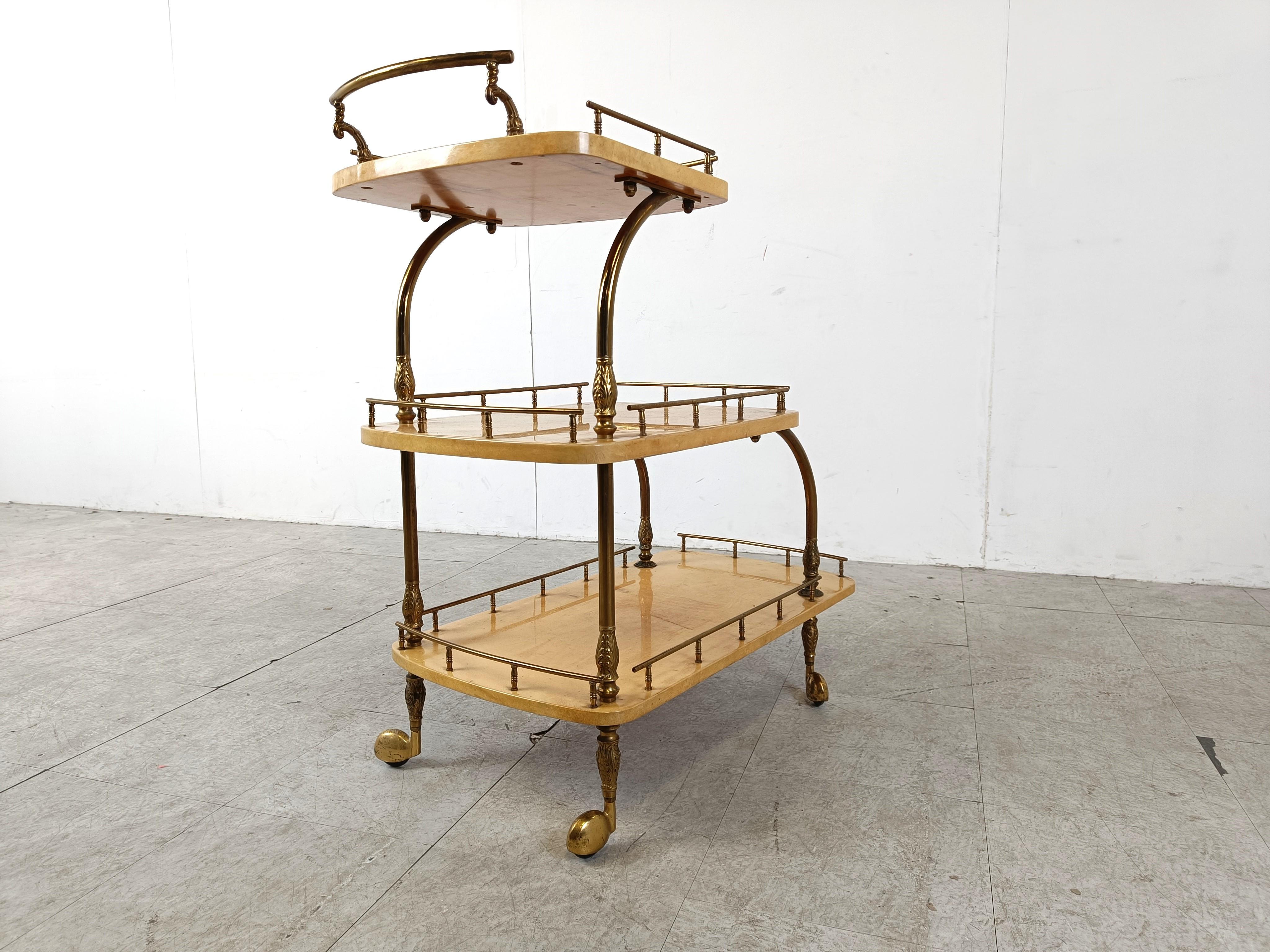 Italian Lacquered Goatskin / Parchment Serving Bar Cart by Aldo Tura, 1960s For Sale 5