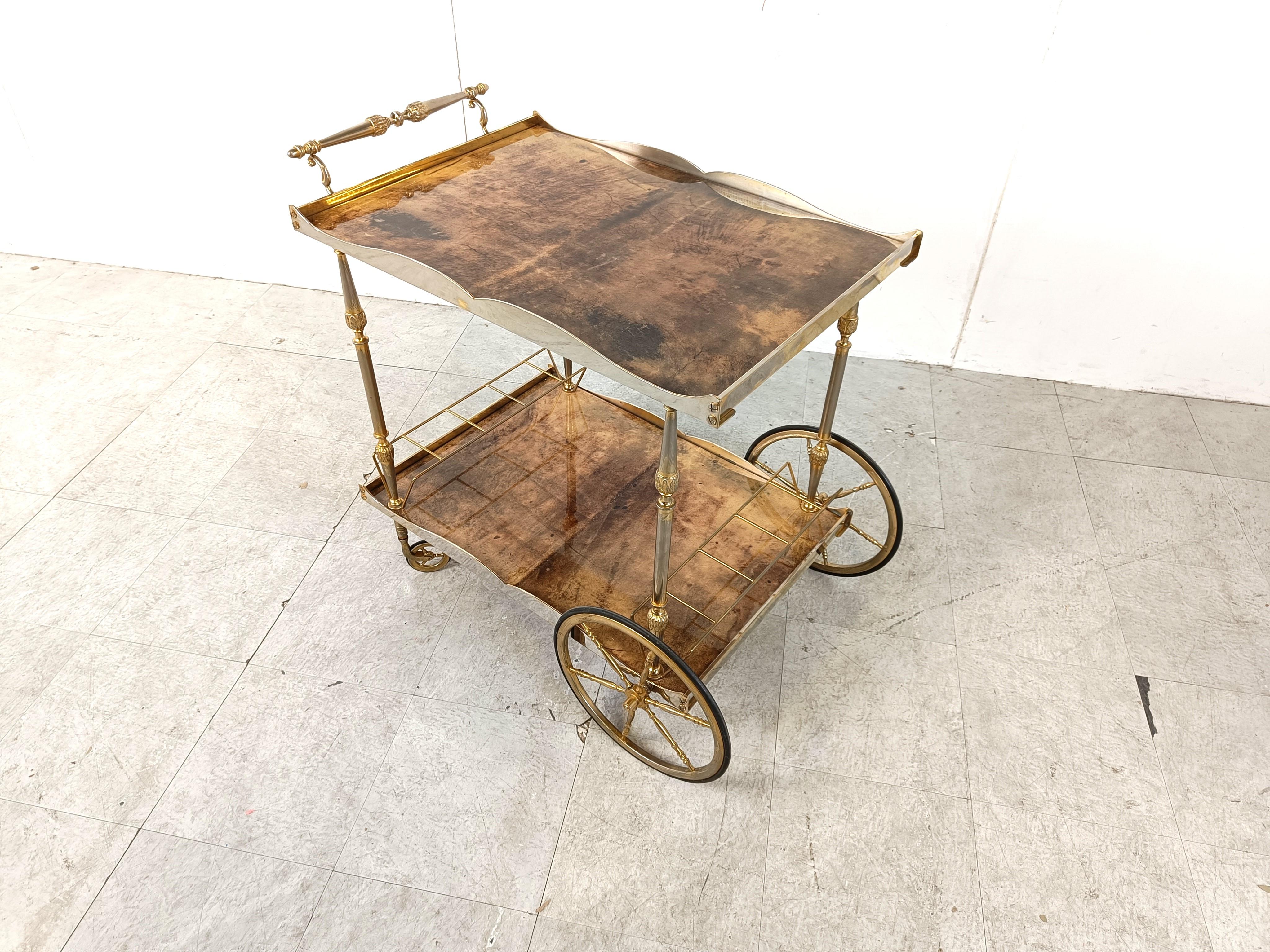 Mid-Century Modern Italian Lacquered Goatskin / Parchment Serving Bar Cart by Aldo Tura, 1960s
