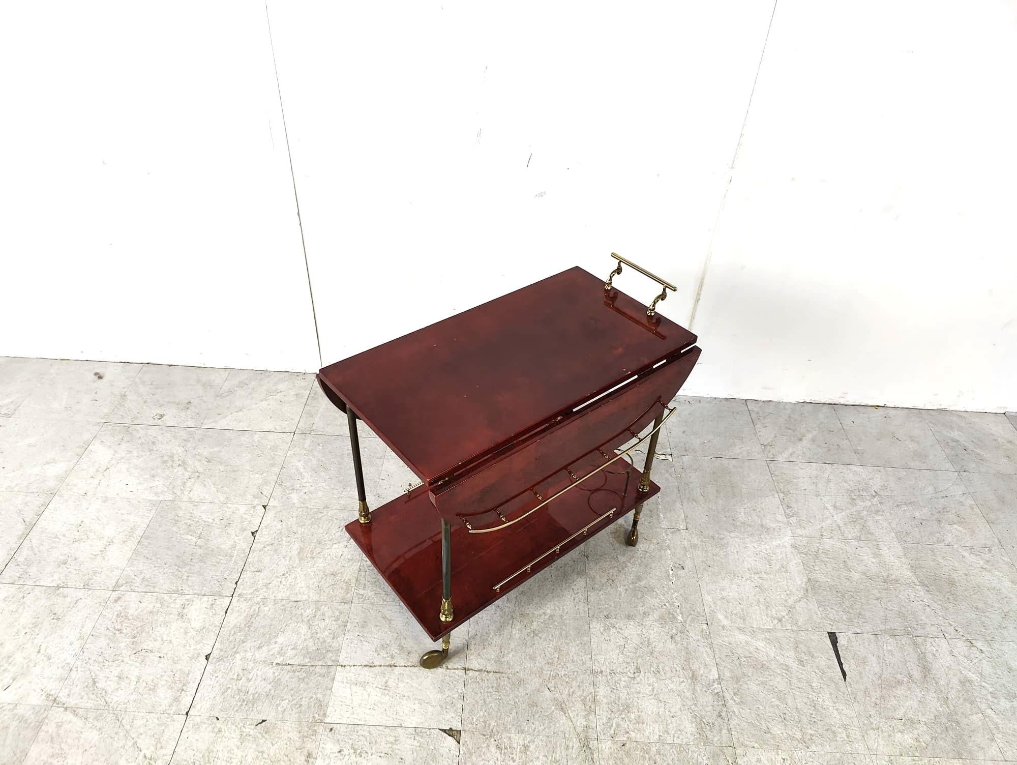 Neoclassical Italian Lacquered Goatskin / Parchment Serving Bar Cart by Aldo Tura, 1960s For Sale