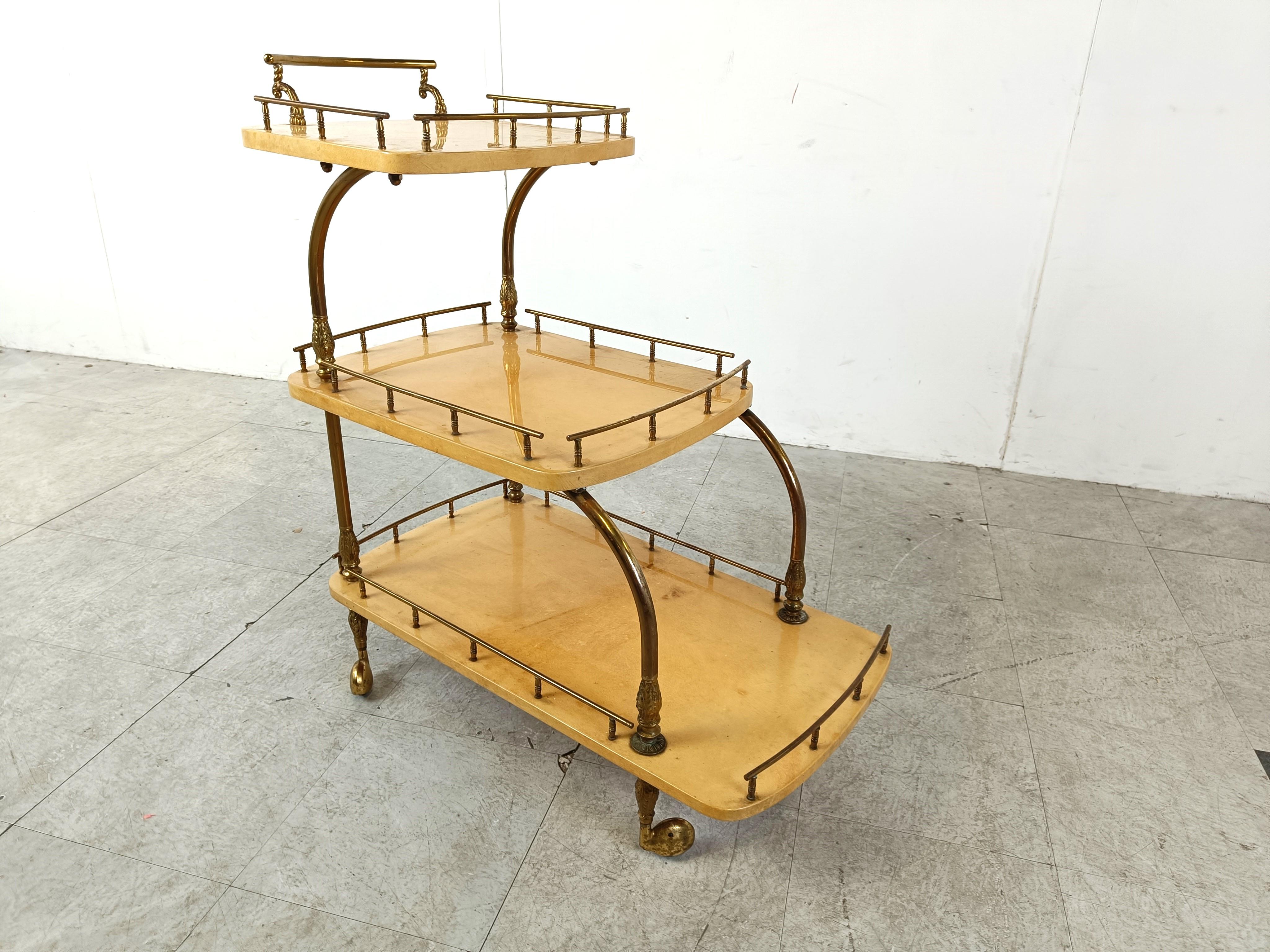 Metal Italian Lacquered Goatskin / Parchment Serving Bar Cart by Aldo Tura, 1960s For Sale