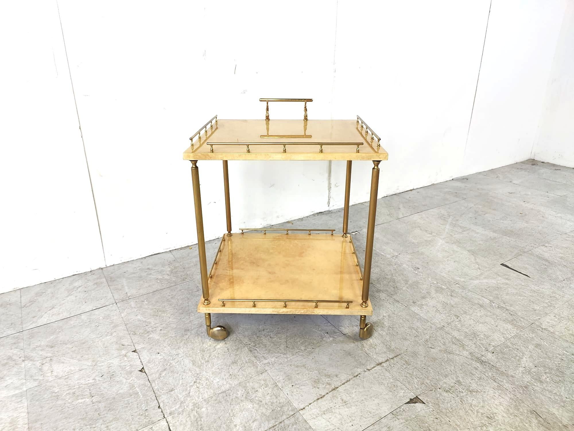 Brass Italian Lacquered Goatskin / Parchment Serving Bar Cart by Aldo Tura, 1960s For Sale
