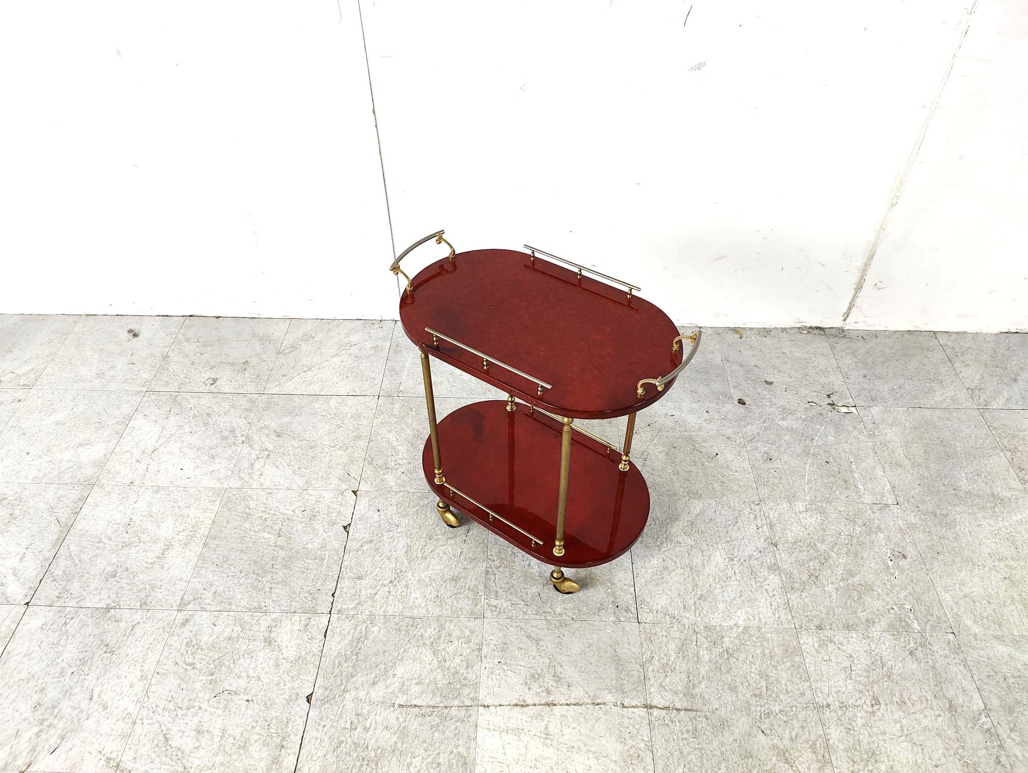 Brass Italian Lacquered Goatskin / Parchment Serving Bar Cart by Aldo Tura, 1960s For Sale