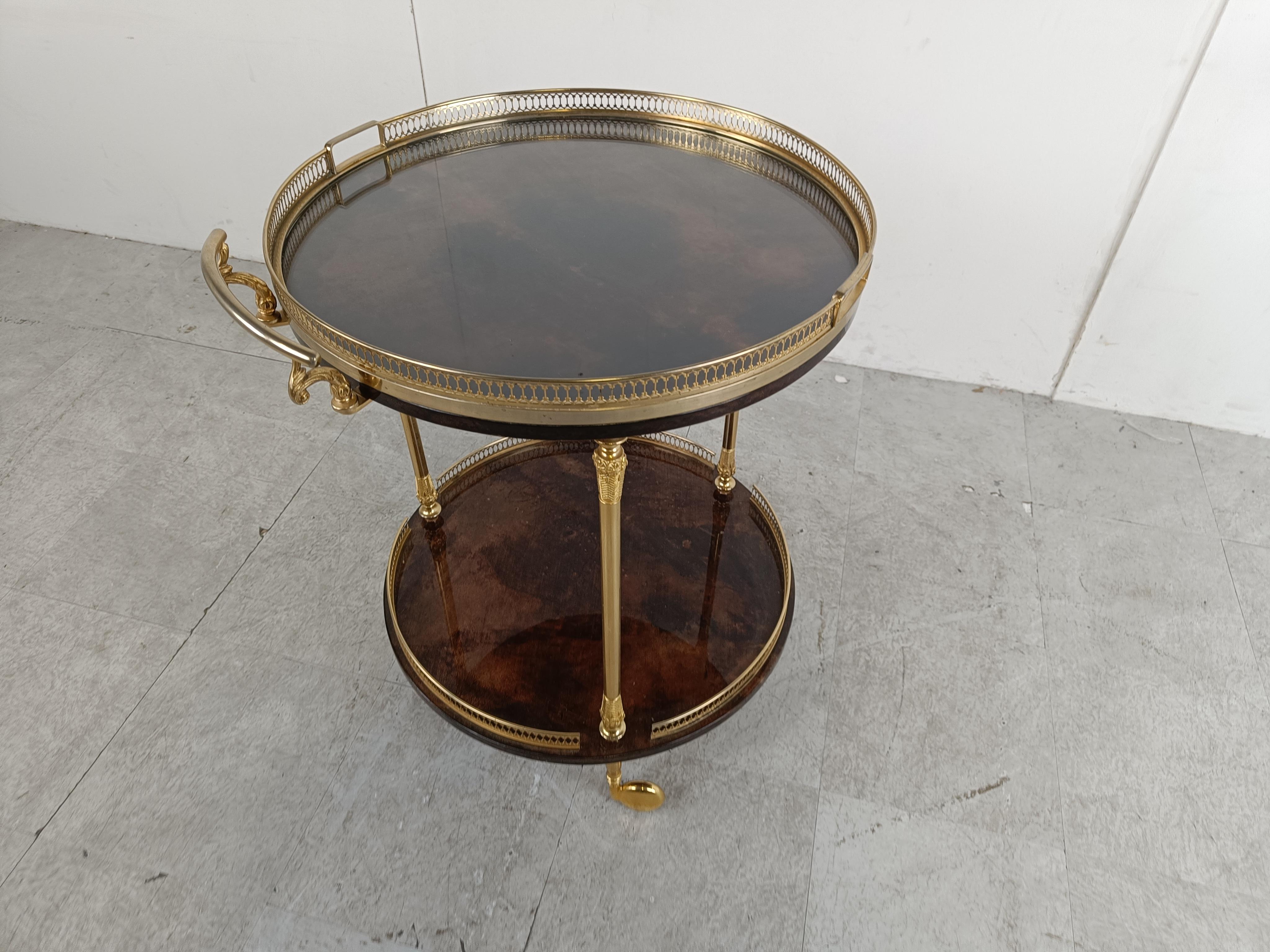 Brass Italian Lacquered Goatskin / Parchment Serving Bar Cart by Aldo Tura, 1960s