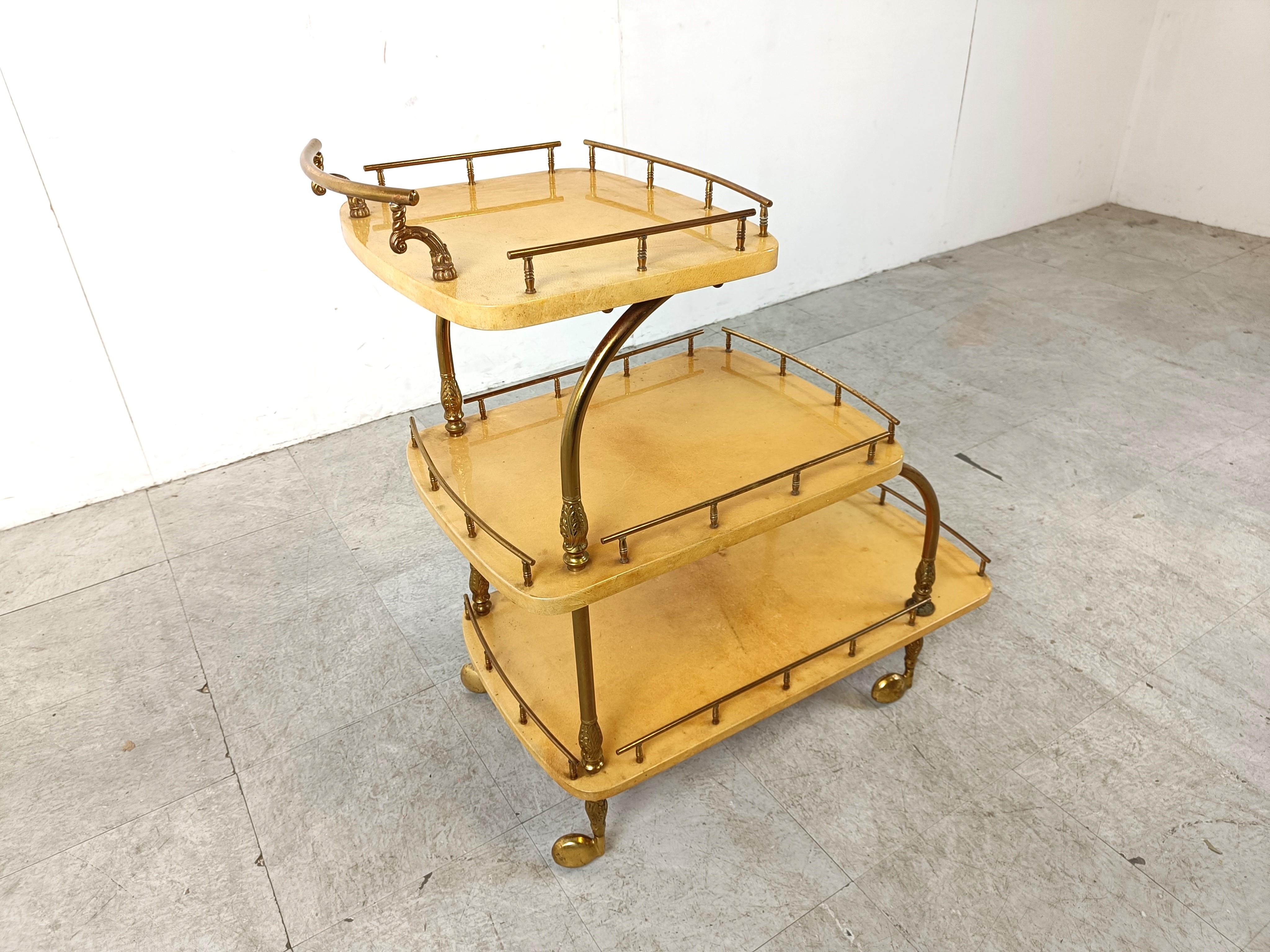 Italian Lacquered Goatskin / Parchment Serving Bar Cart by Aldo Tura, 1960s For Sale 2