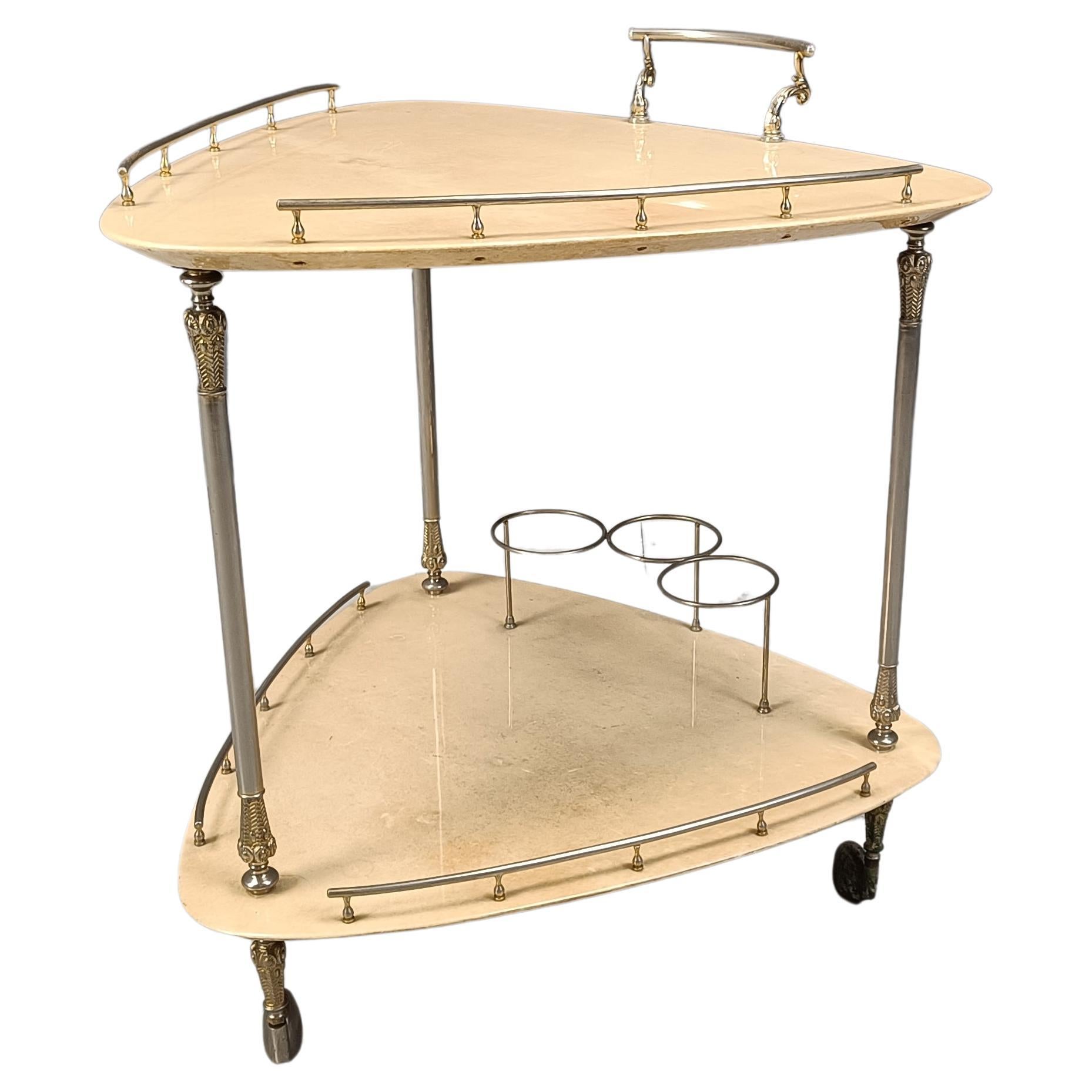 Carrito de bar italiano de piel de cabra lacada y pergamino de Aldo Tura, años 60