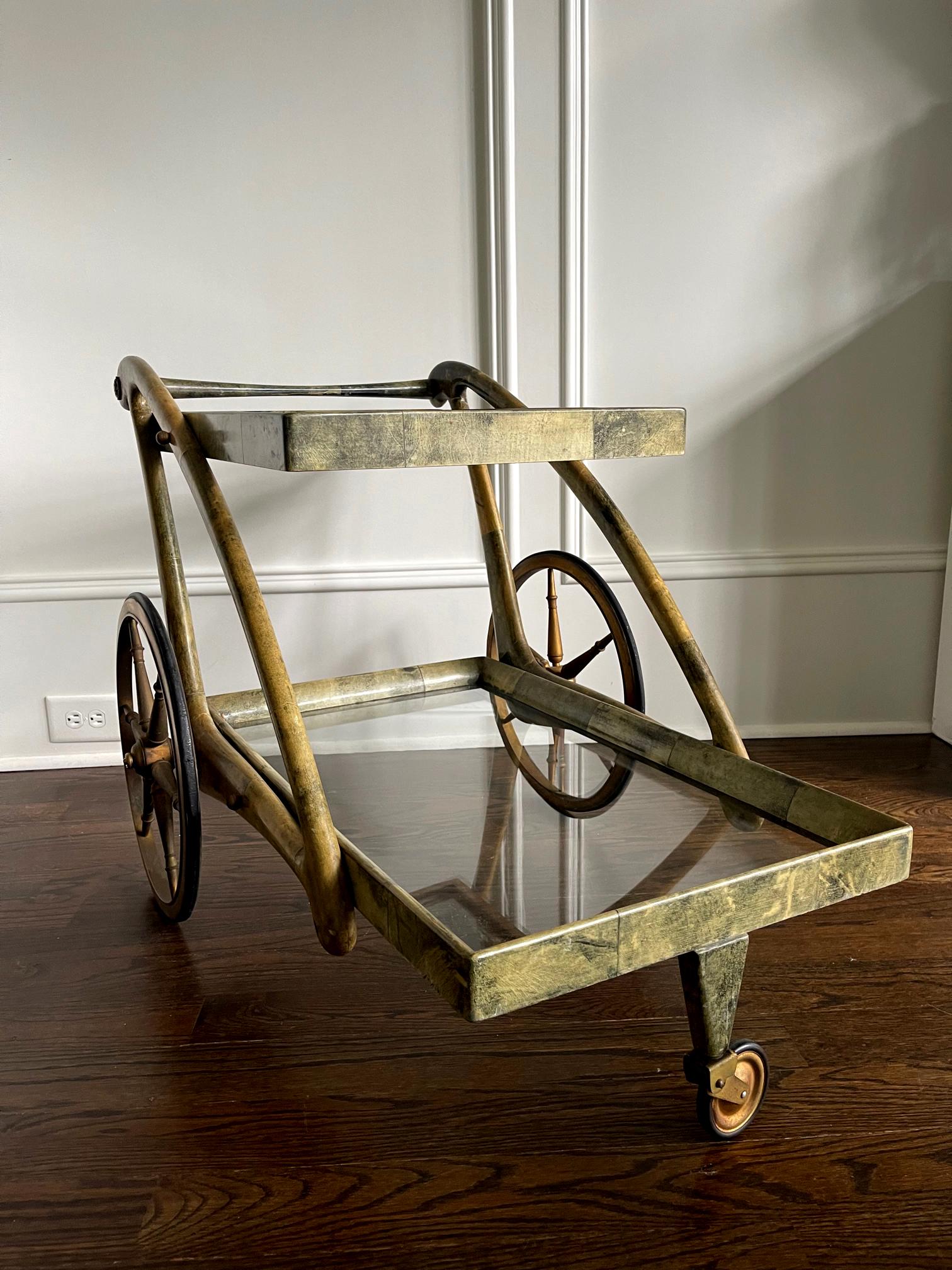 Italian Lacquered Goatskin Serving Bar Cart by Aldo Tura In Good Condition For Sale In Atlanta, GA