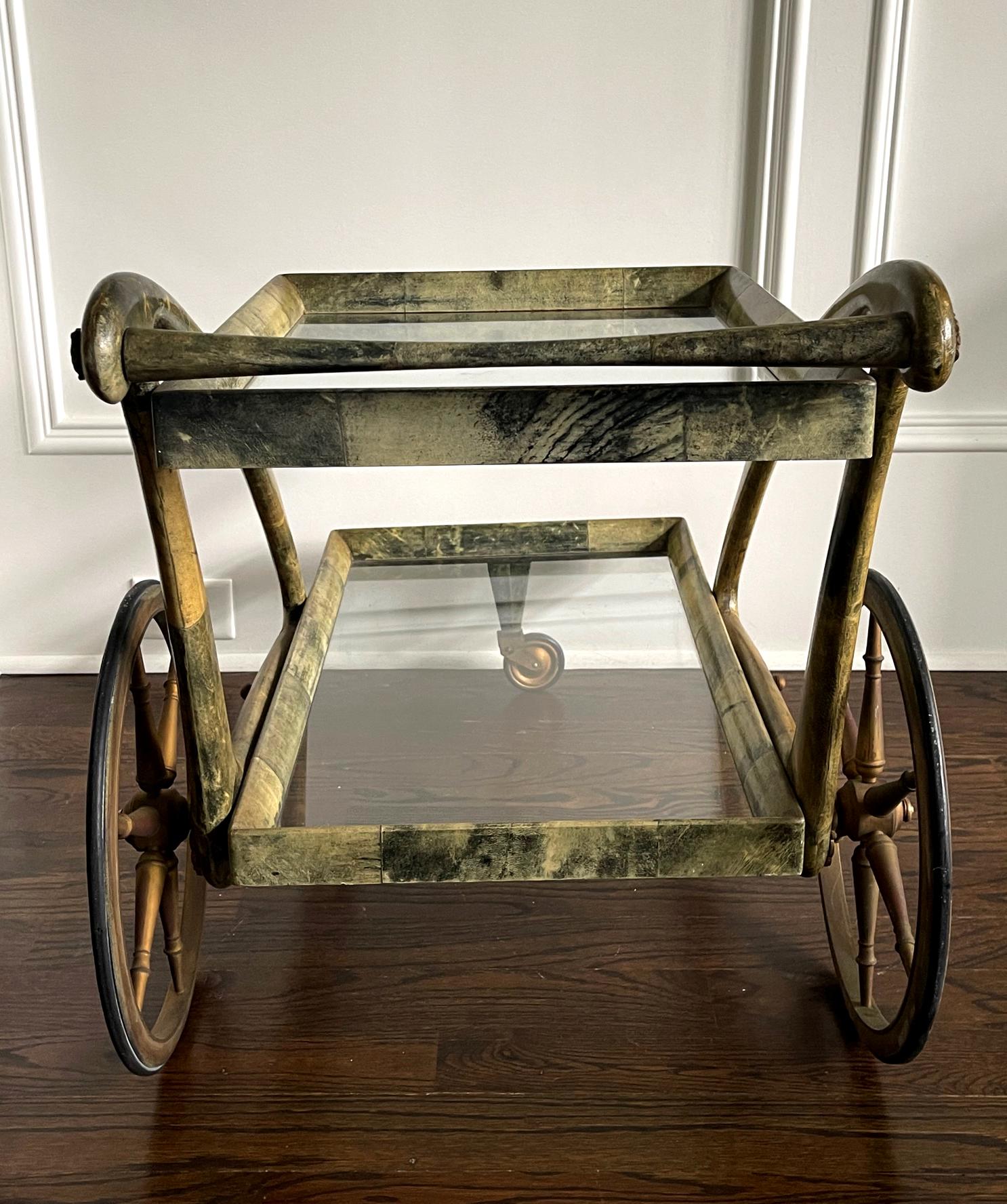 Brass Italian Lacquered Goatskin Serving Bar Cart by Aldo Tura For Sale