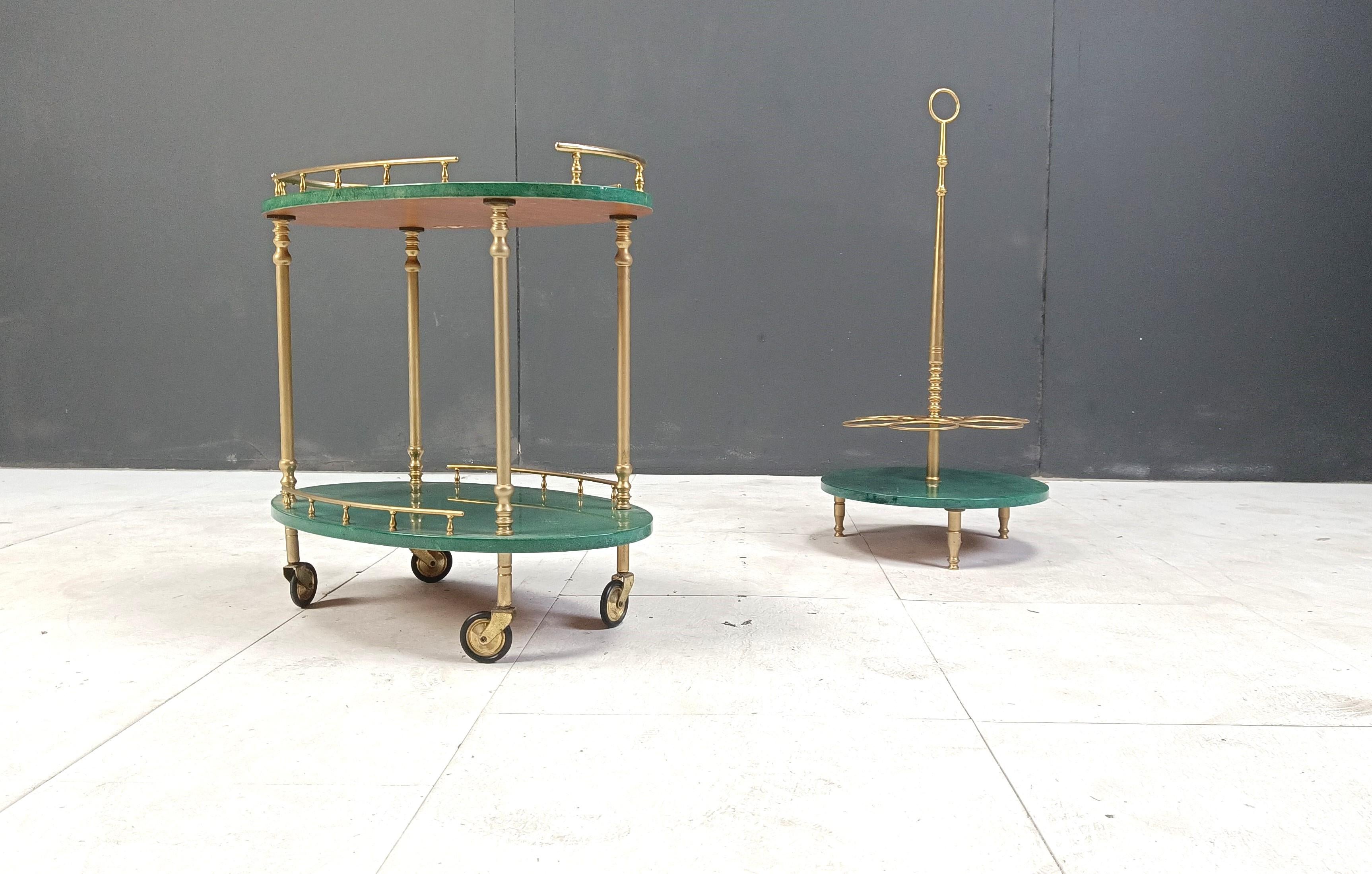 Piel de cabra italiana lacada  Carrito de bar y botellero de vino de Aldo Tura Latón en venta