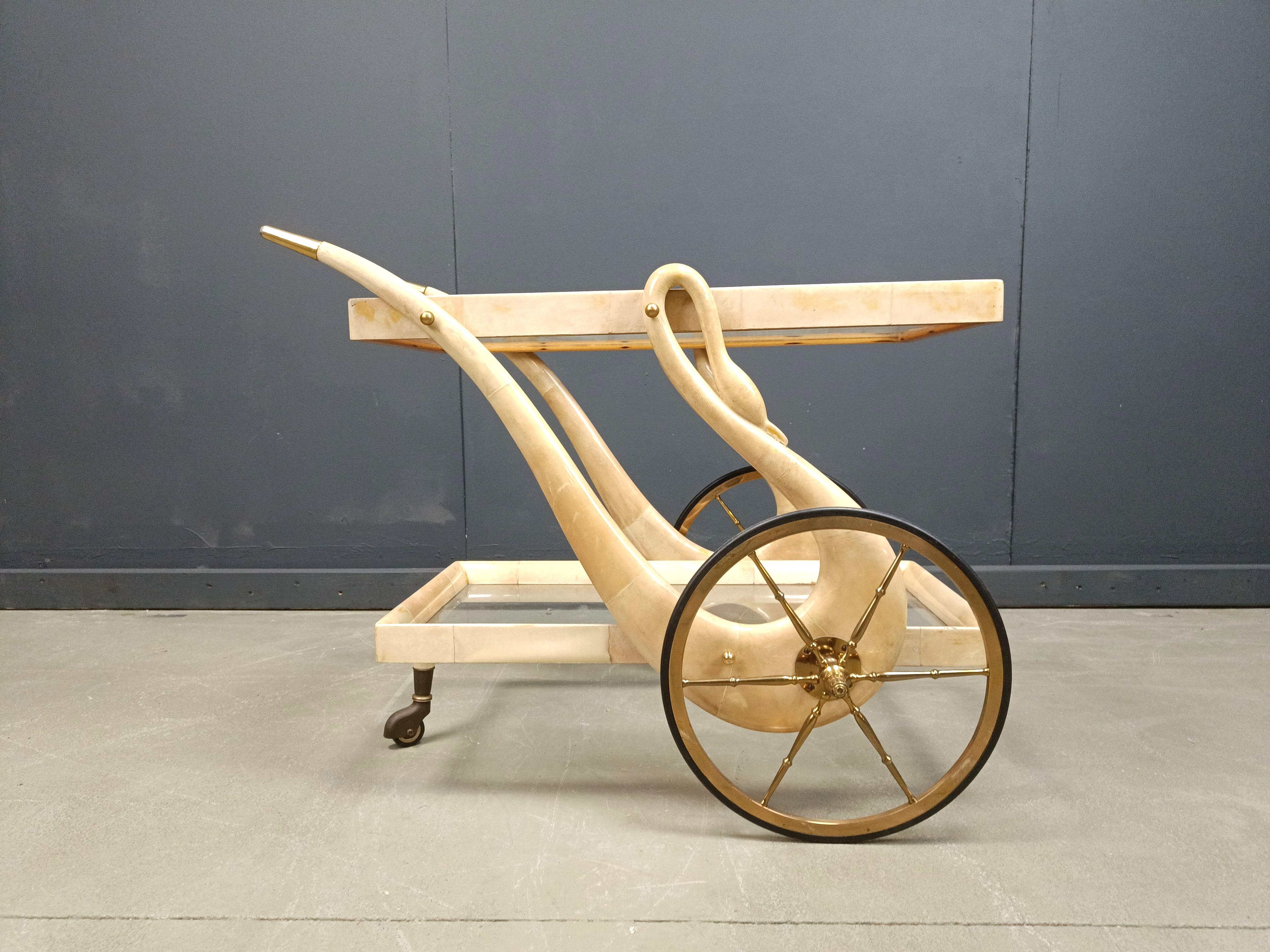 Italian Lacquered Goatskin swan Bar Cart by Aldo Tura, 1960s For Sale 4