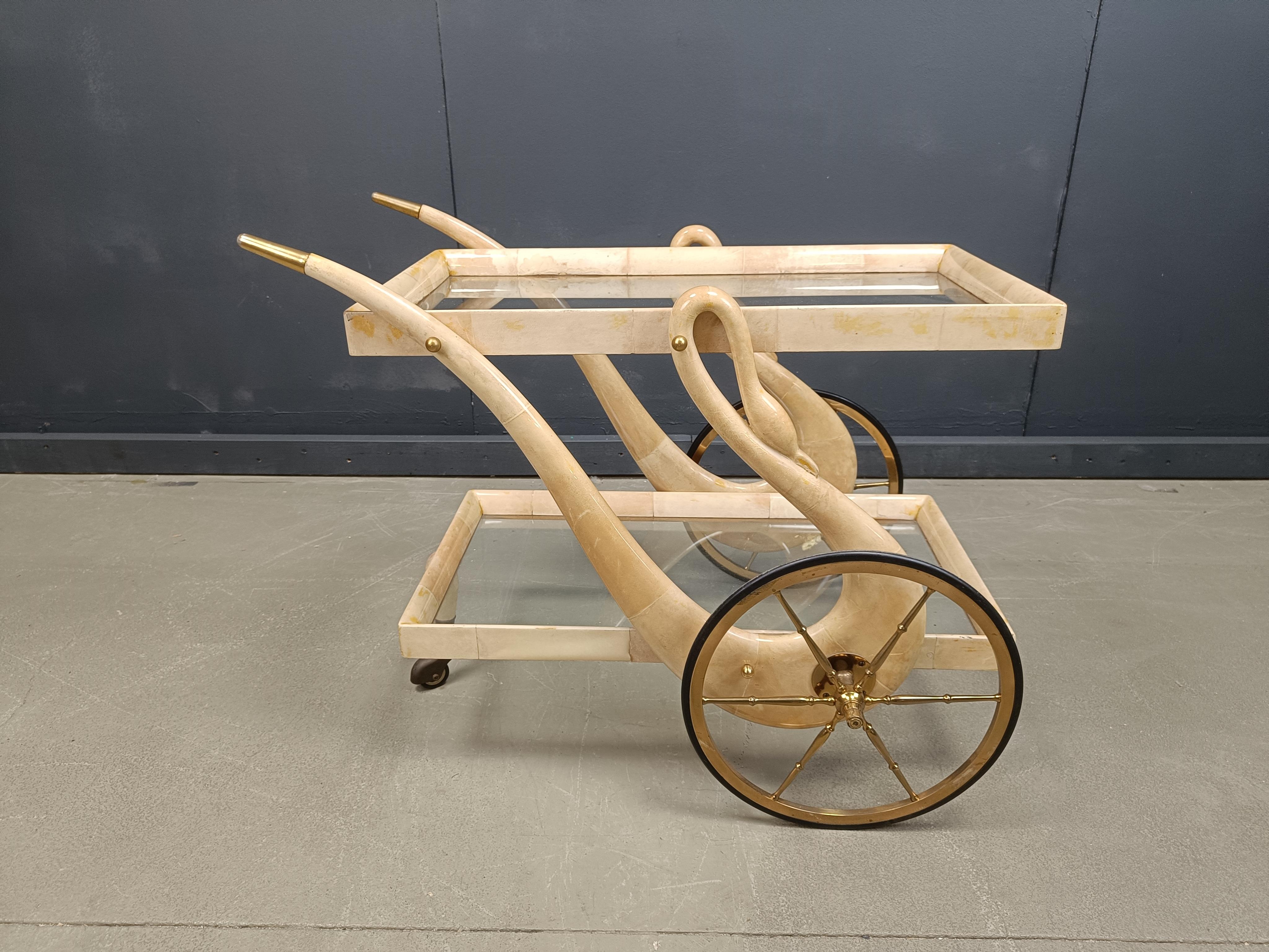 Italian Lacquered Goatskin swan Bar Cart by Aldo Tura, 1960s For Sale 5