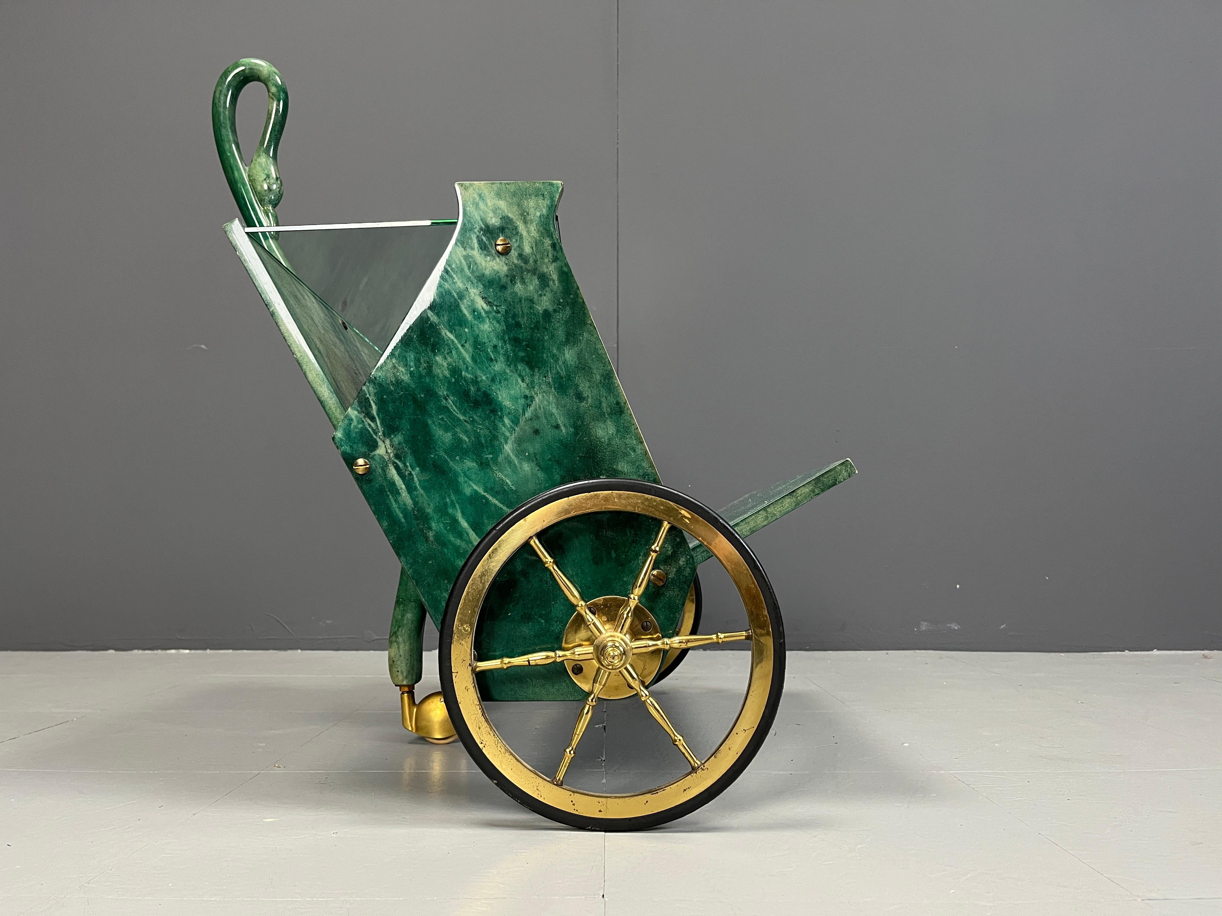 Mid-Century Modern Italian Lacquered Goatskin Swan Bar Cart by Aldo Tura, 1960s For Sale
