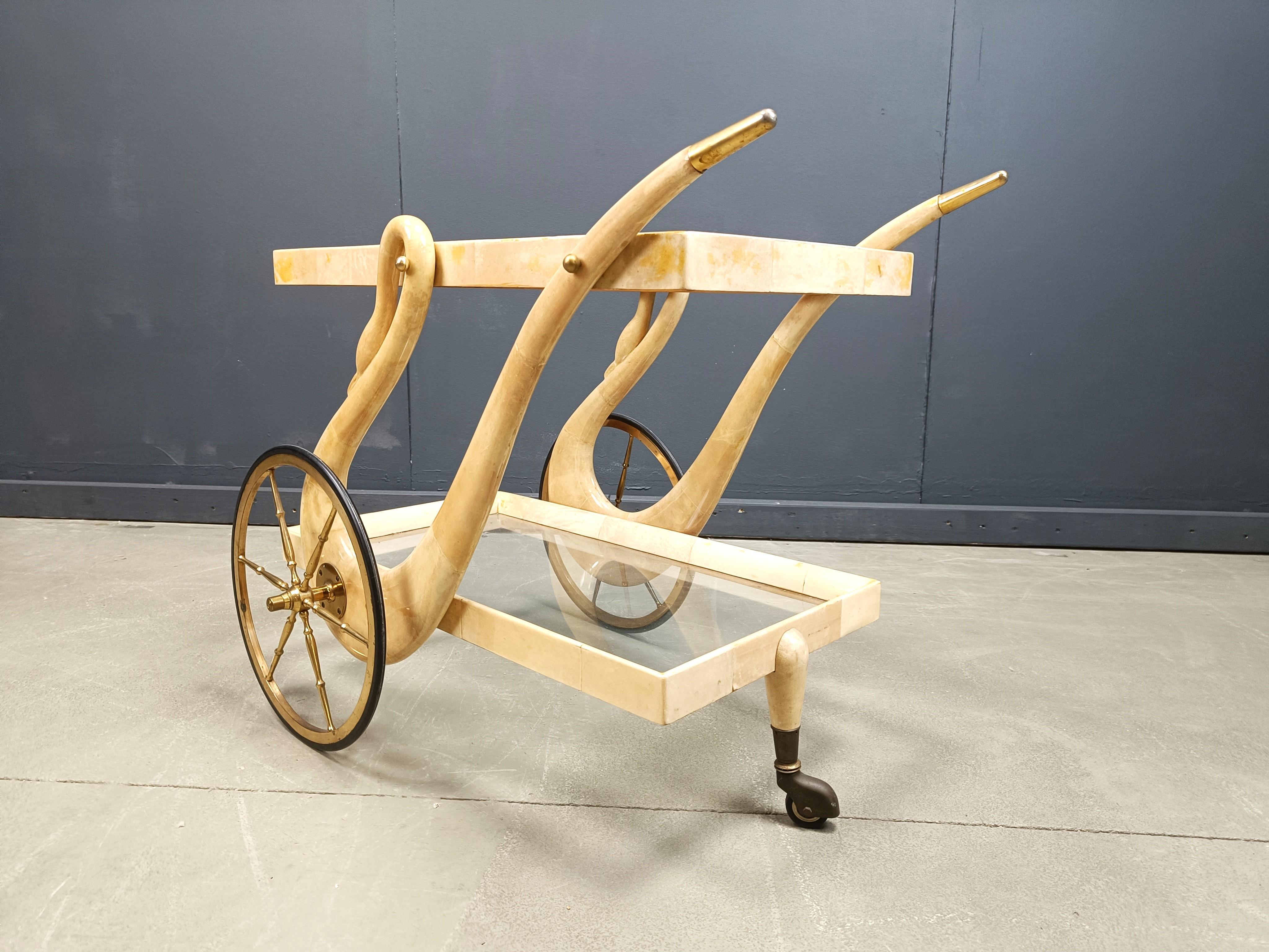 Neoclassical Italian Lacquered Goatskin swan Bar Cart by Aldo Tura, 1960s For Sale
