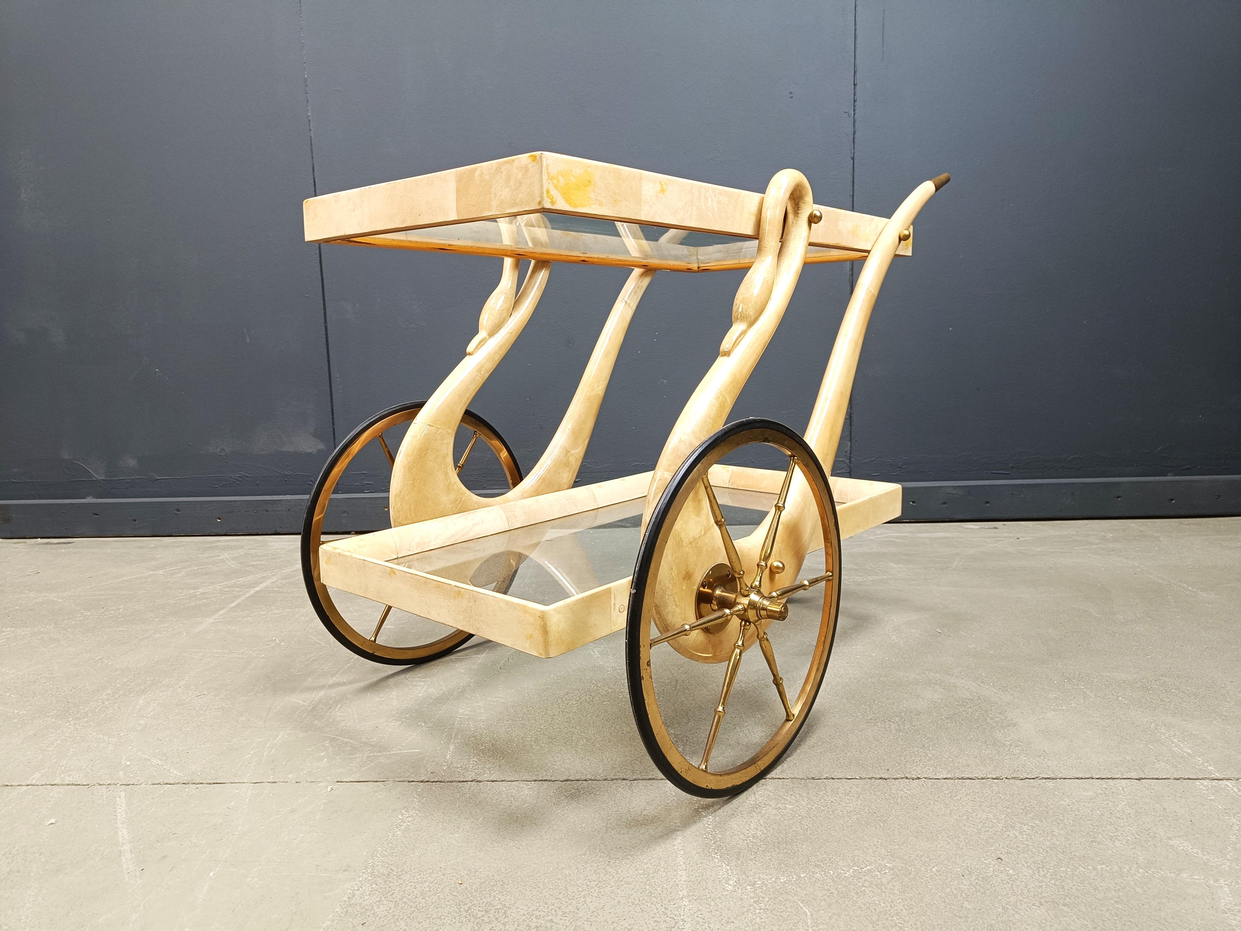 Mid-20th Century Italian Lacquered Goatskin swan Bar Cart by Aldo Tura, 1960s For Sale
