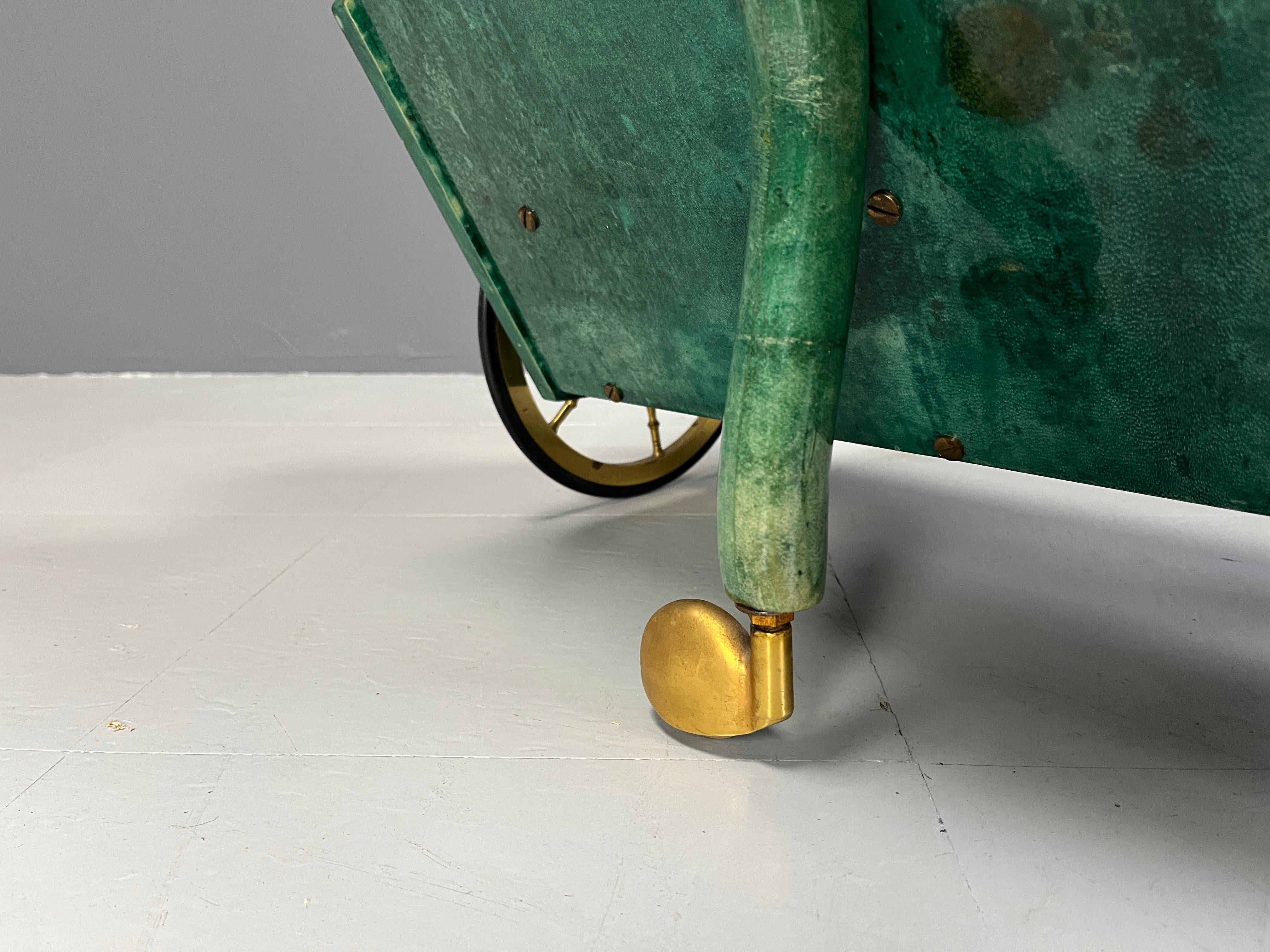 Brass Italian Lacquered Goatskin Swan Bar Cart by Aldo Tura, 1960s For Sale