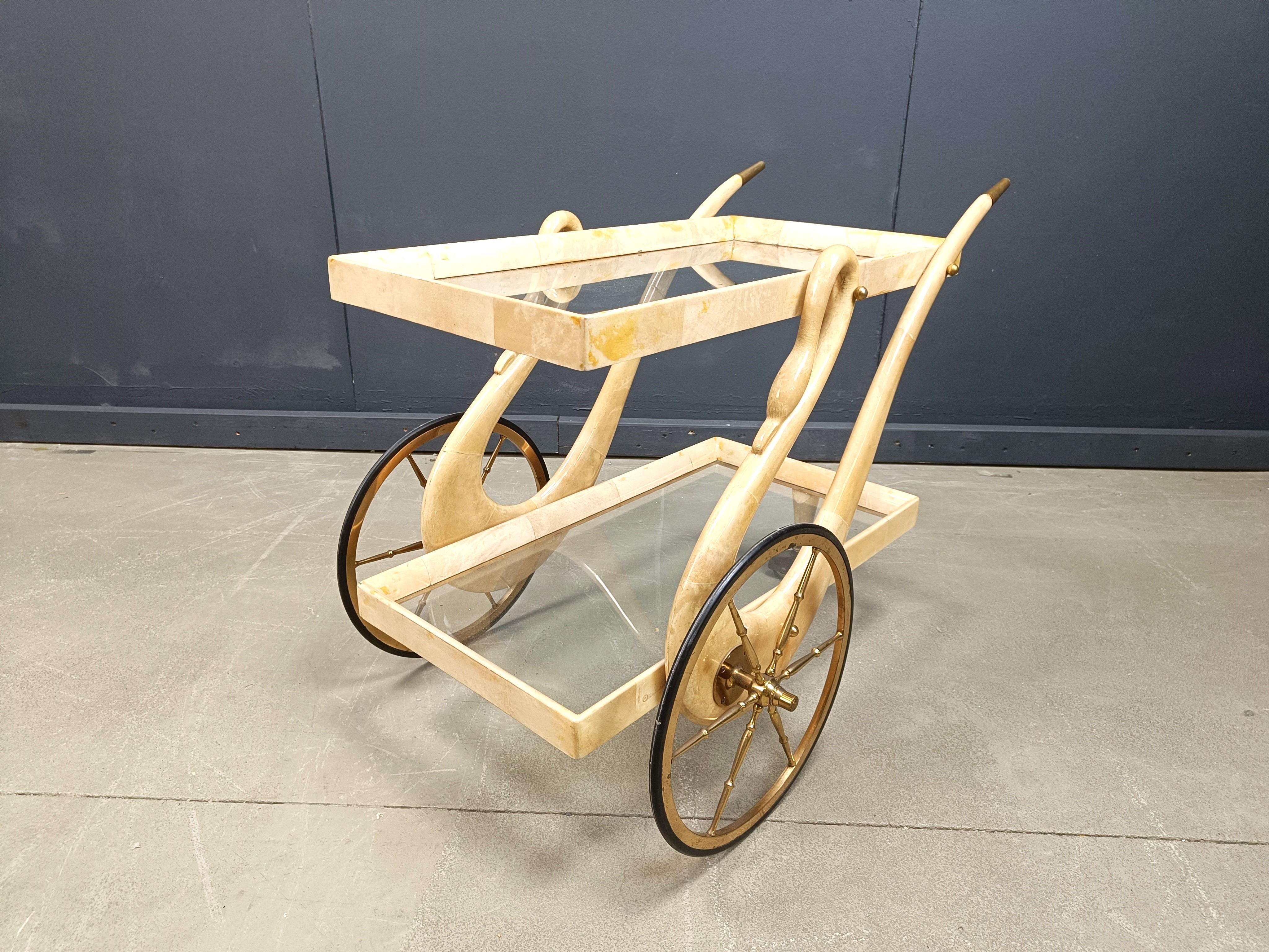 Brass Italian Lacquered Goatskin swan Bar Cart by Aldo Tura, 1960s For Sale