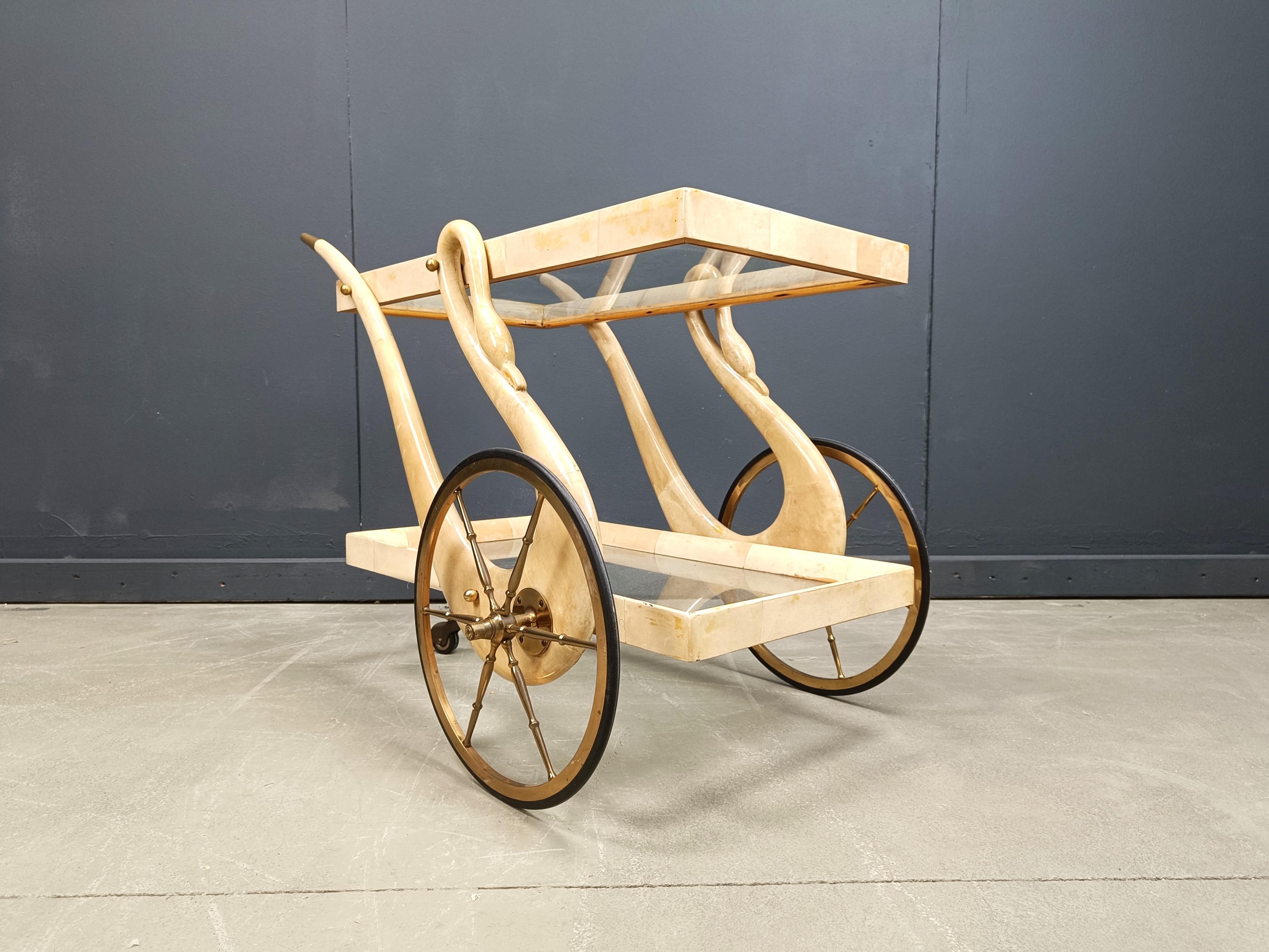 Italian Lacquered Goatskin swan Bar Cart by Aldo Tura, 1960s For Sale 2