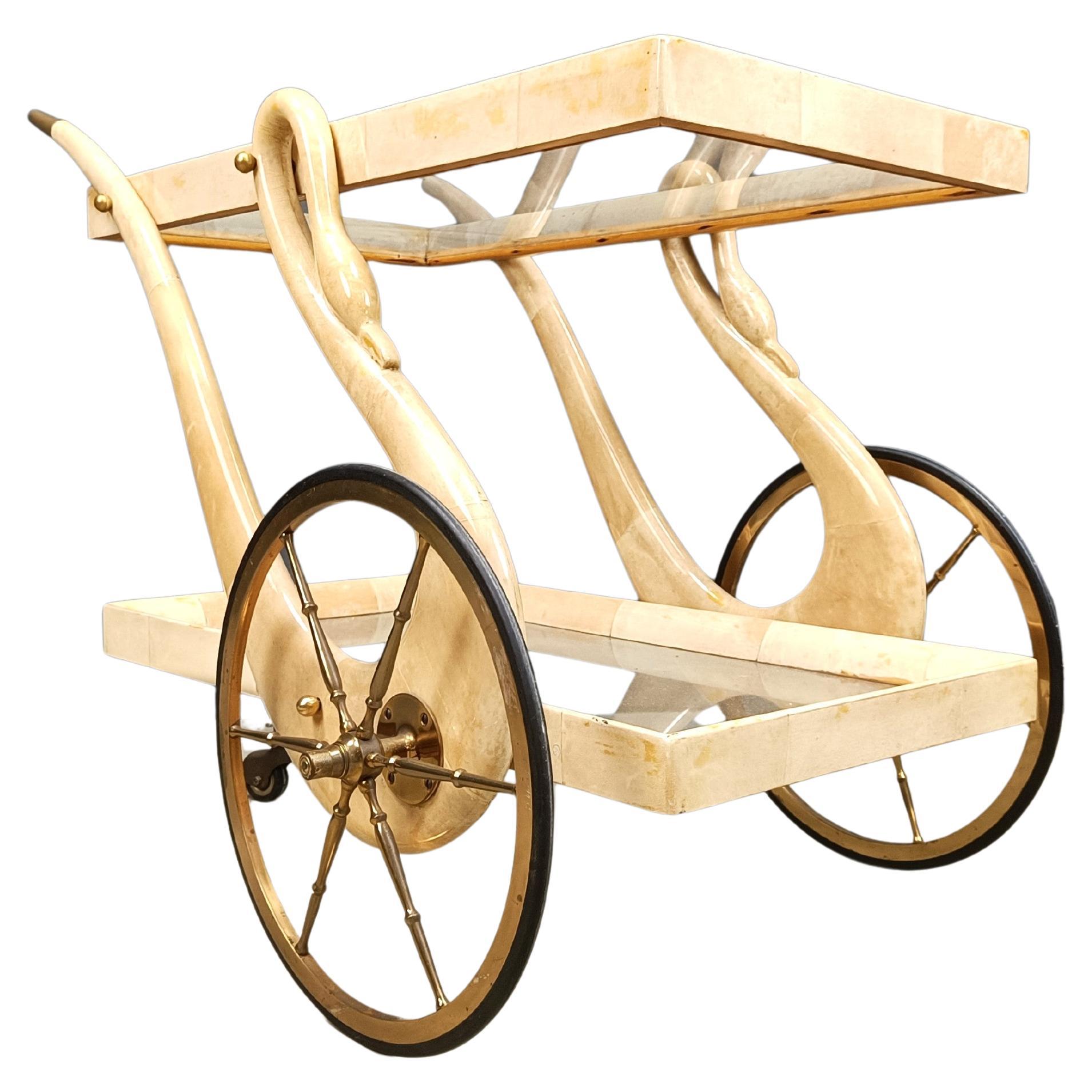 Carrito Bar Cisne Italiano Lacado Piel de Cabra by Aldo Tura, Años 60