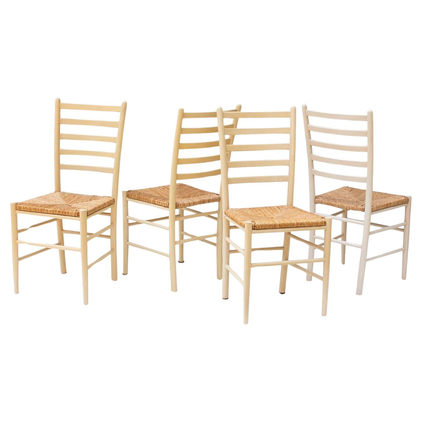 Italian Ladderback Dining Chairs with Woven Rush Seats, S/4