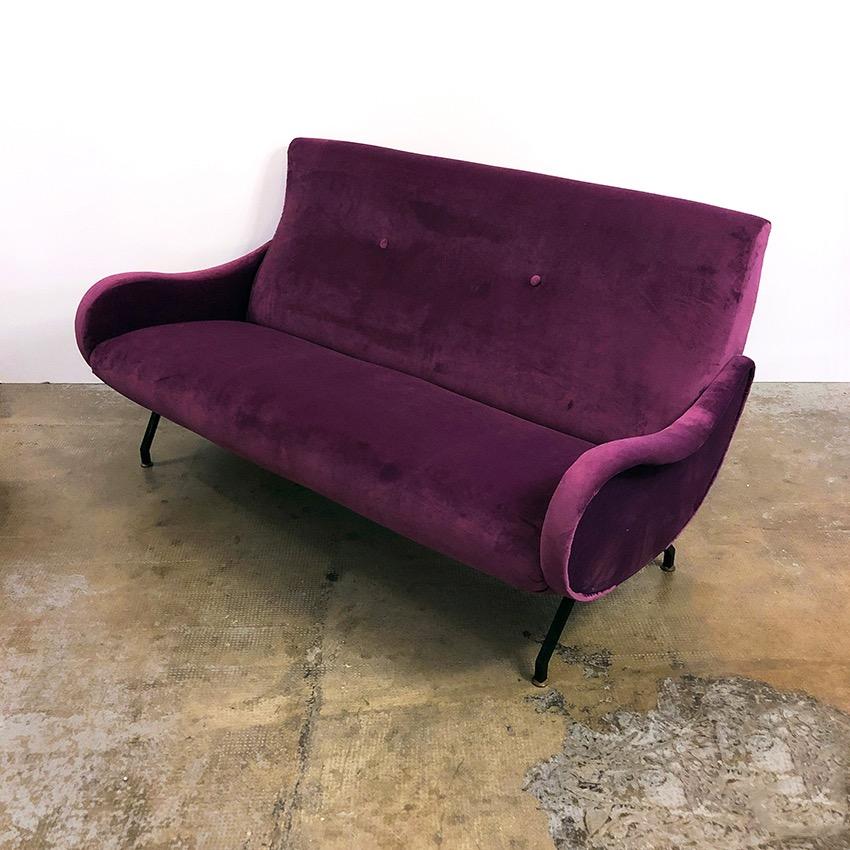 Mid-Century Modern Italian Lady Style Aubergine Purple Velvet Sofa, 1950s