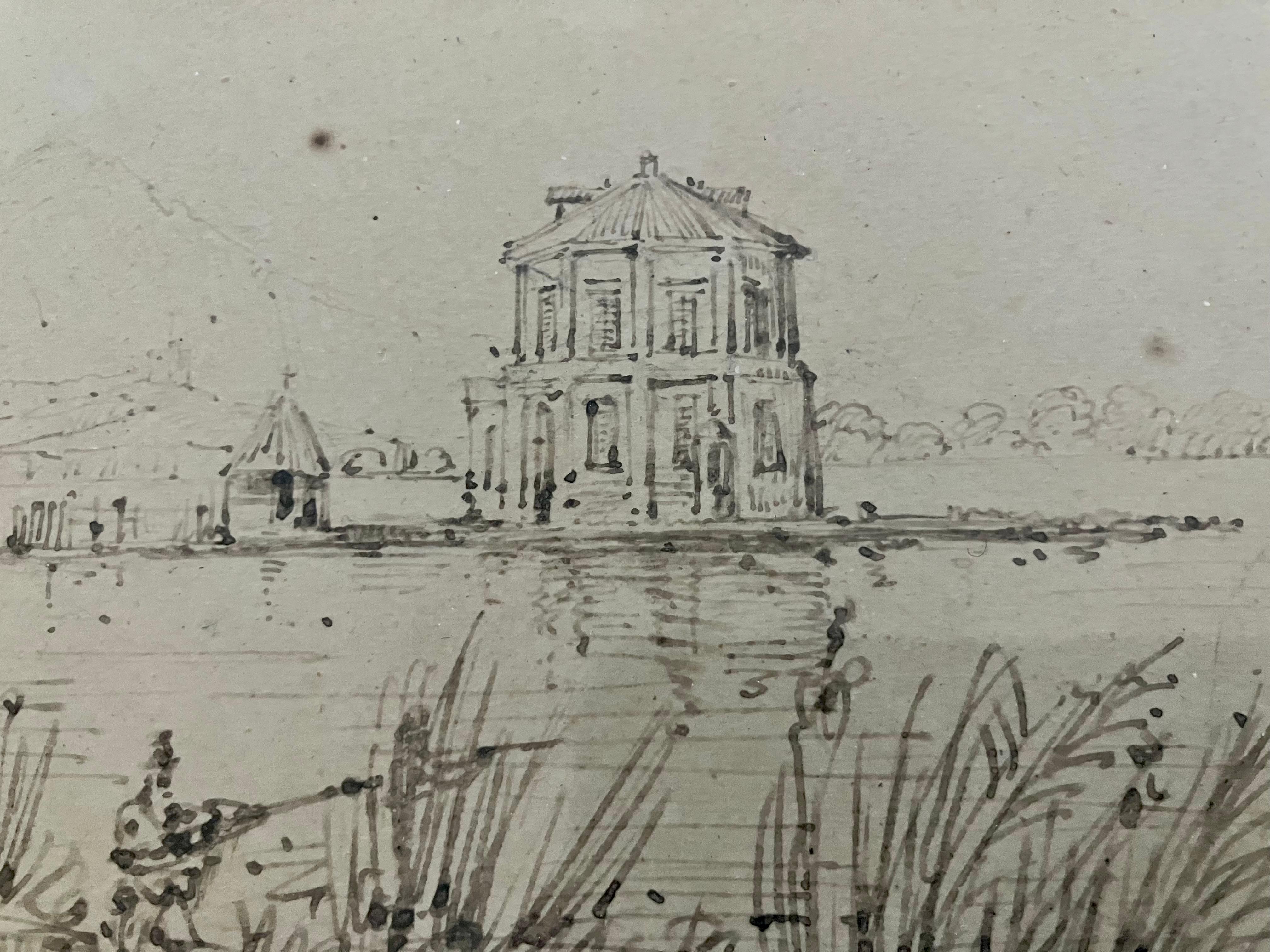 Italian Lake Palace Ink Drawing. Italian ink drawing of island palace La Casina Vanvitelliana sul Lago Fusaro. Eighteenth century ink on paper drawing in antique Empire period gilt carved neoclassical frame of the small royal pleasure palace on the