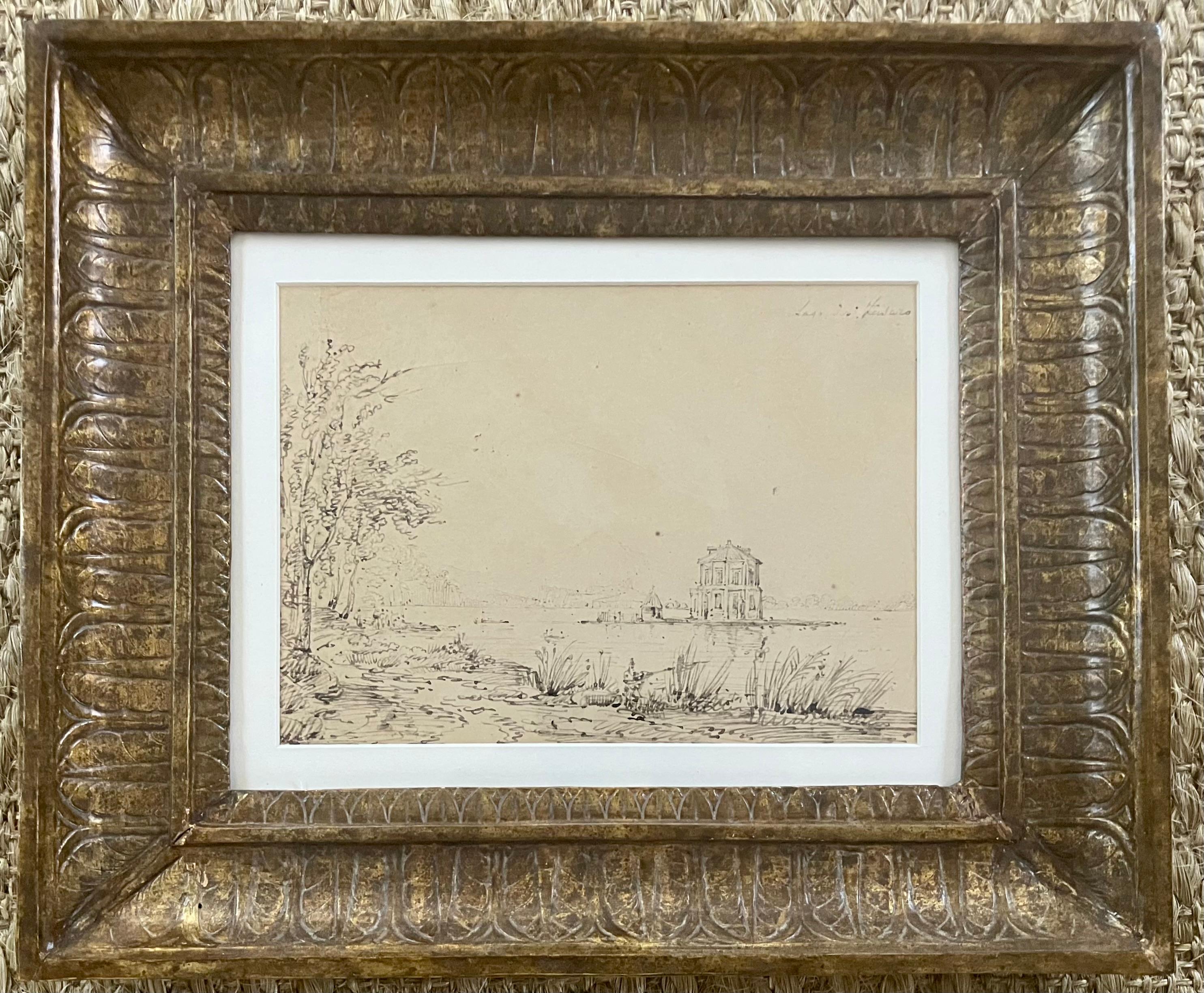 Gesso Italian Lake Palace Ink Drawing For Sale