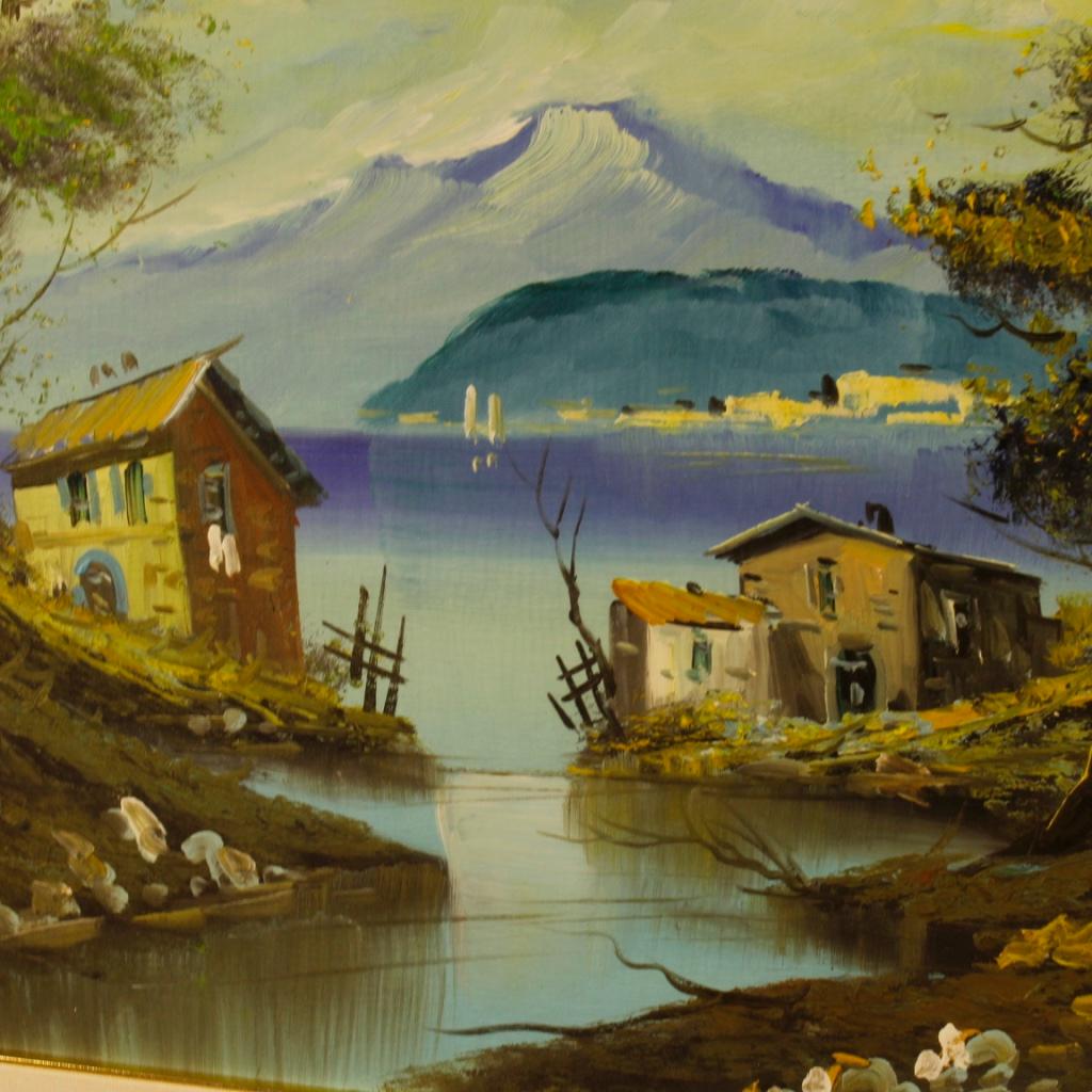 20th Century Oil on Canvas Italian Lake View Signed Painting Landscape, 1970