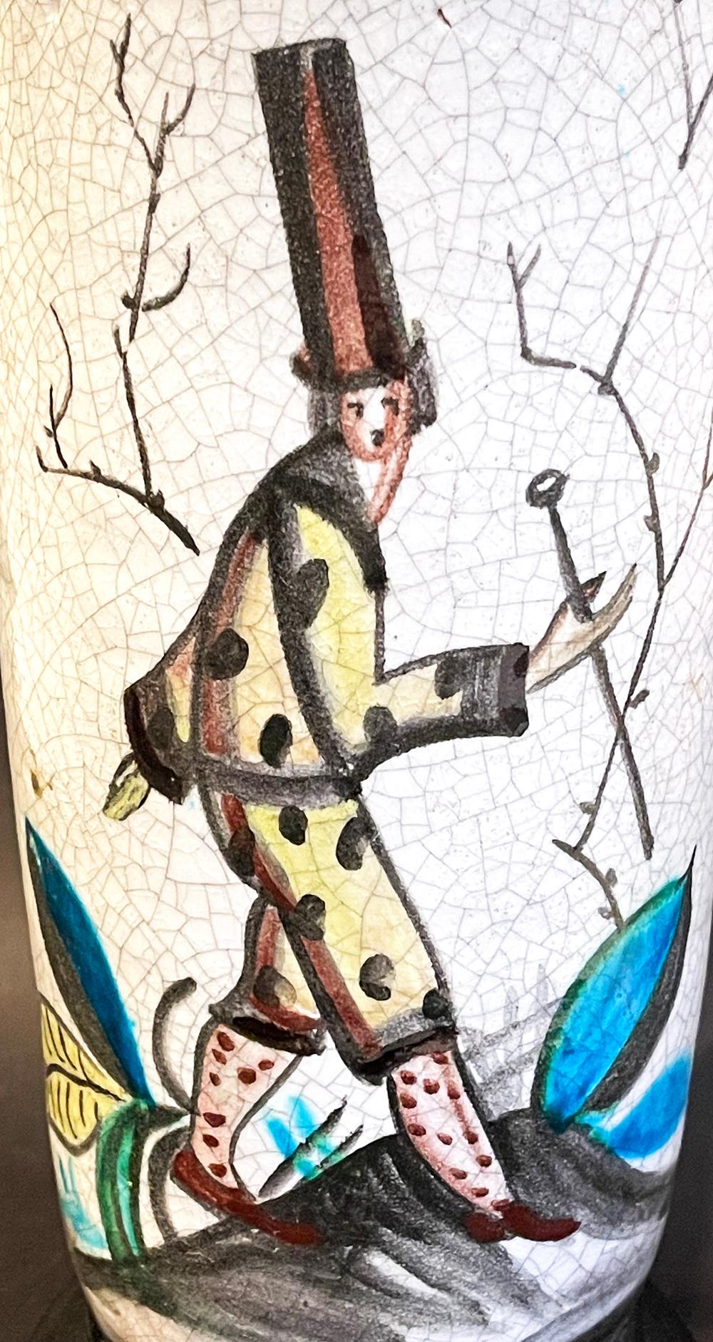 Italiano Base per lampada italiana con Pulcinella e nudo femminile, ceramica Art Déco, epoca Ponti in vendita