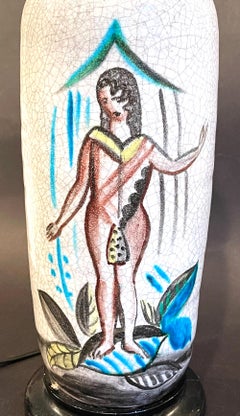 Italian Lamp Base with Pulcinella and Female Nude, Art Deco Ceramic, Ponti Era